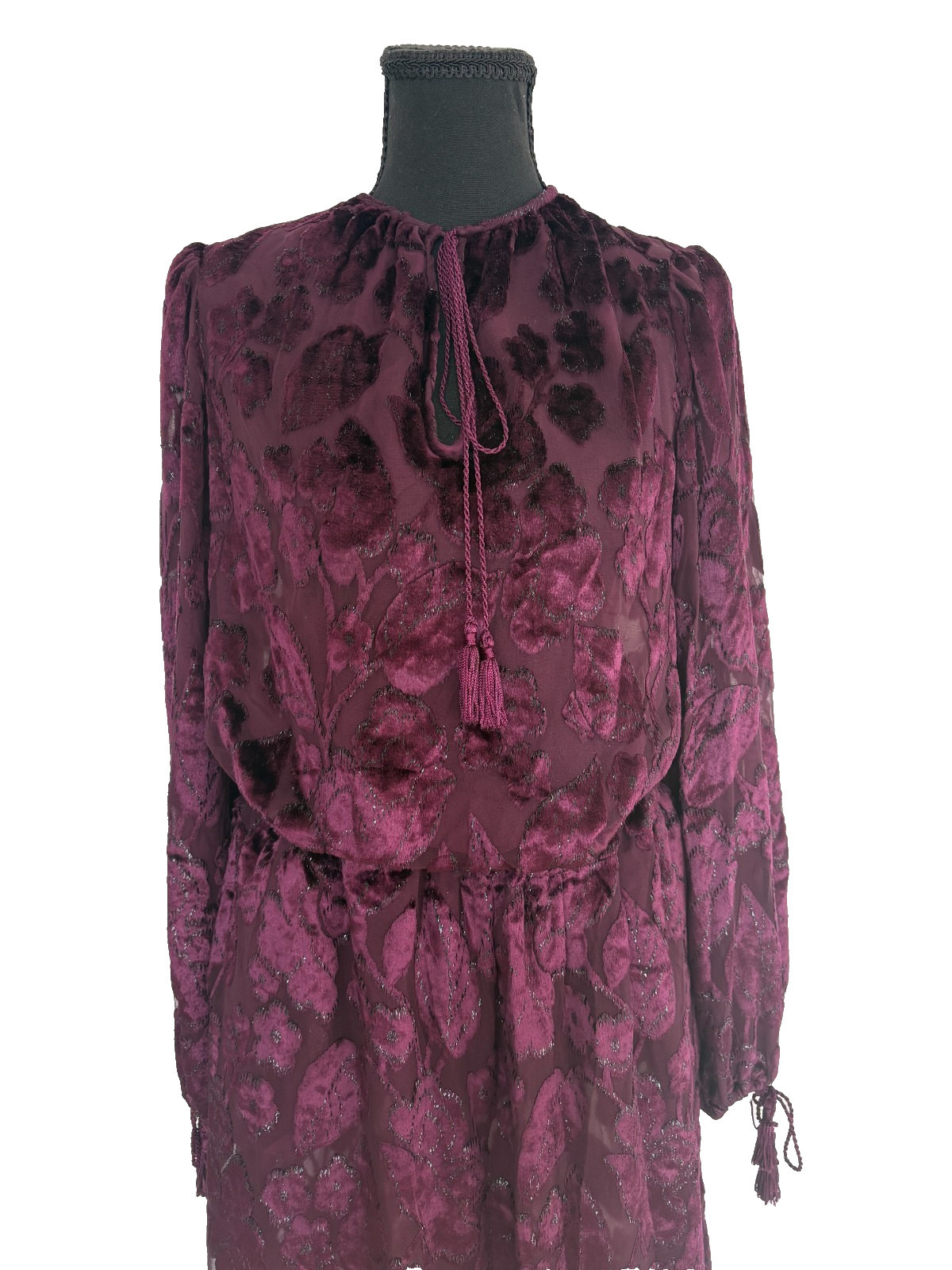 VTG 1977 Oscar de la Renta Burgundy Devoré Tassel Blouse & Skirt Set