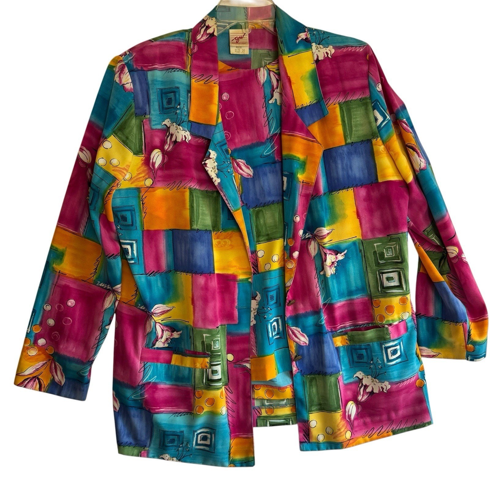 Vtg 80s L Color block Multicolor Long Jacket Blazer Artsy Art To Wear Shirt GW