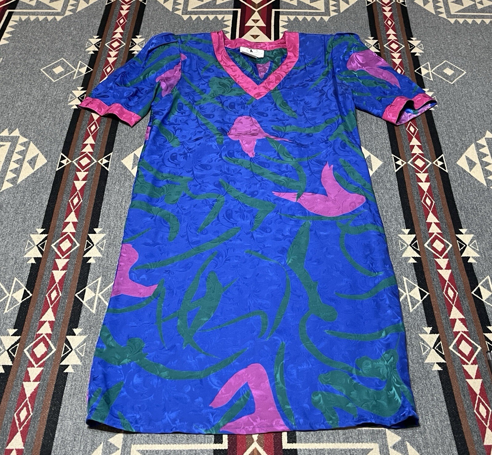 Vintage Flora Kung Petite Silk Dress Womens 8 Tulip Sleeve Art Print M2
