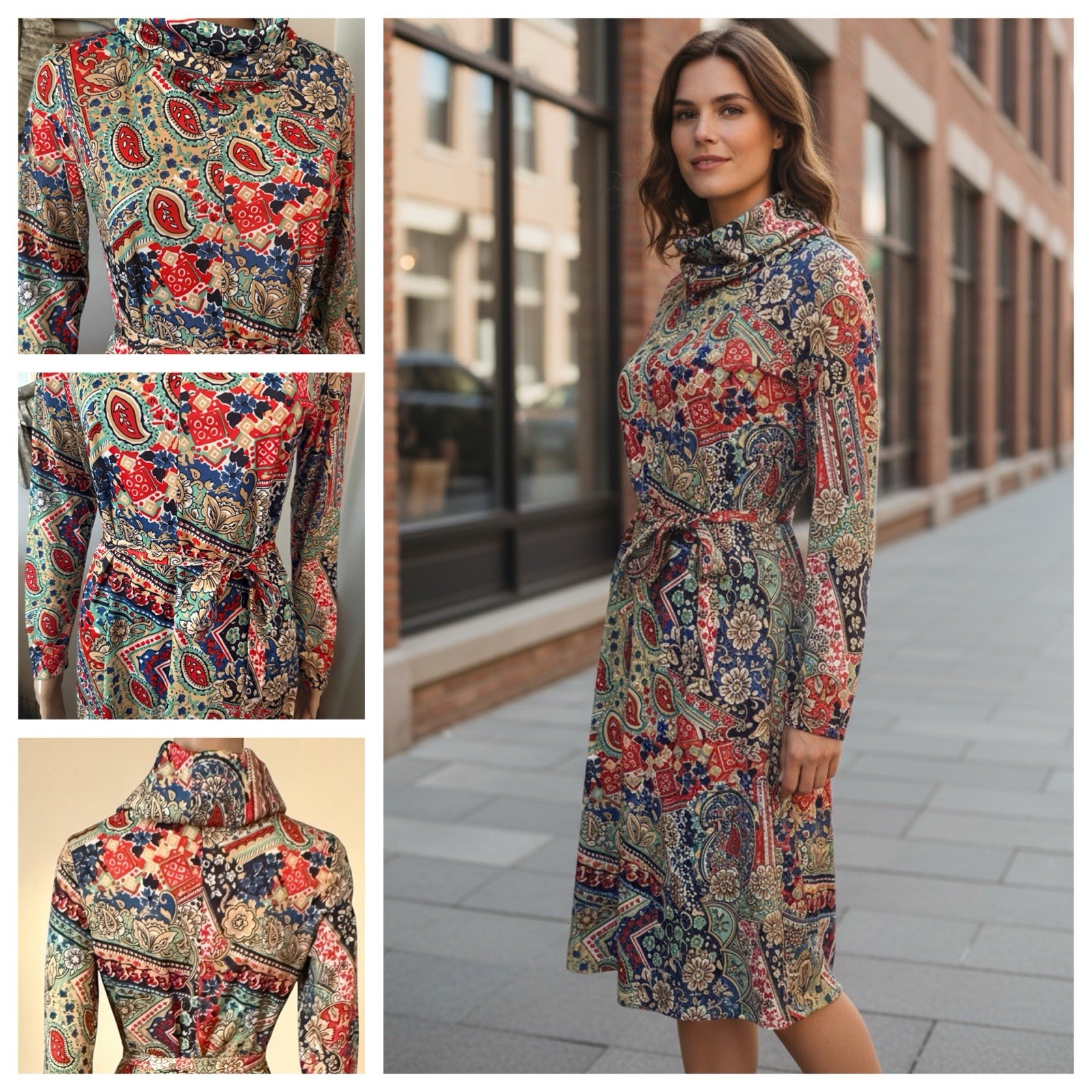 VTG 60s 70s Jonathan Sportswear Paisley Geometric Belted Polyester Dress 11/12