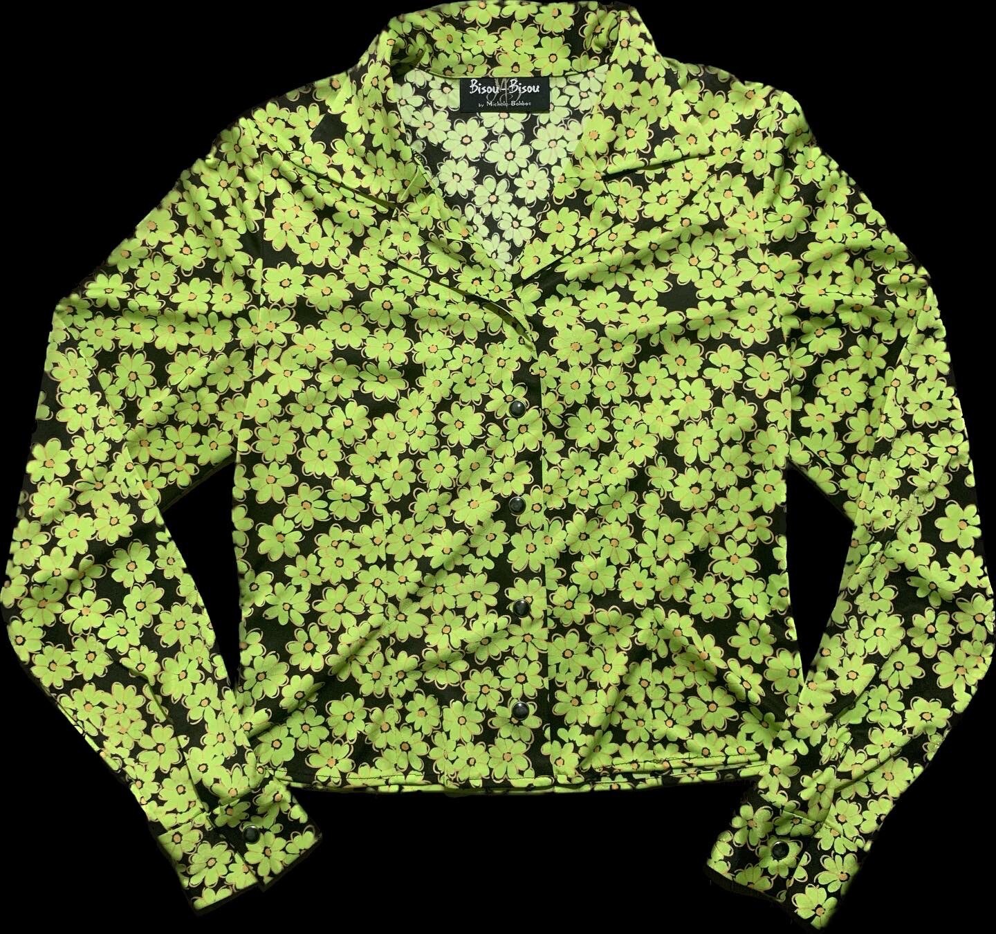 Vintage 90s Y2K Bisou Bisou mod psychedelic neon green floral crop top sz m