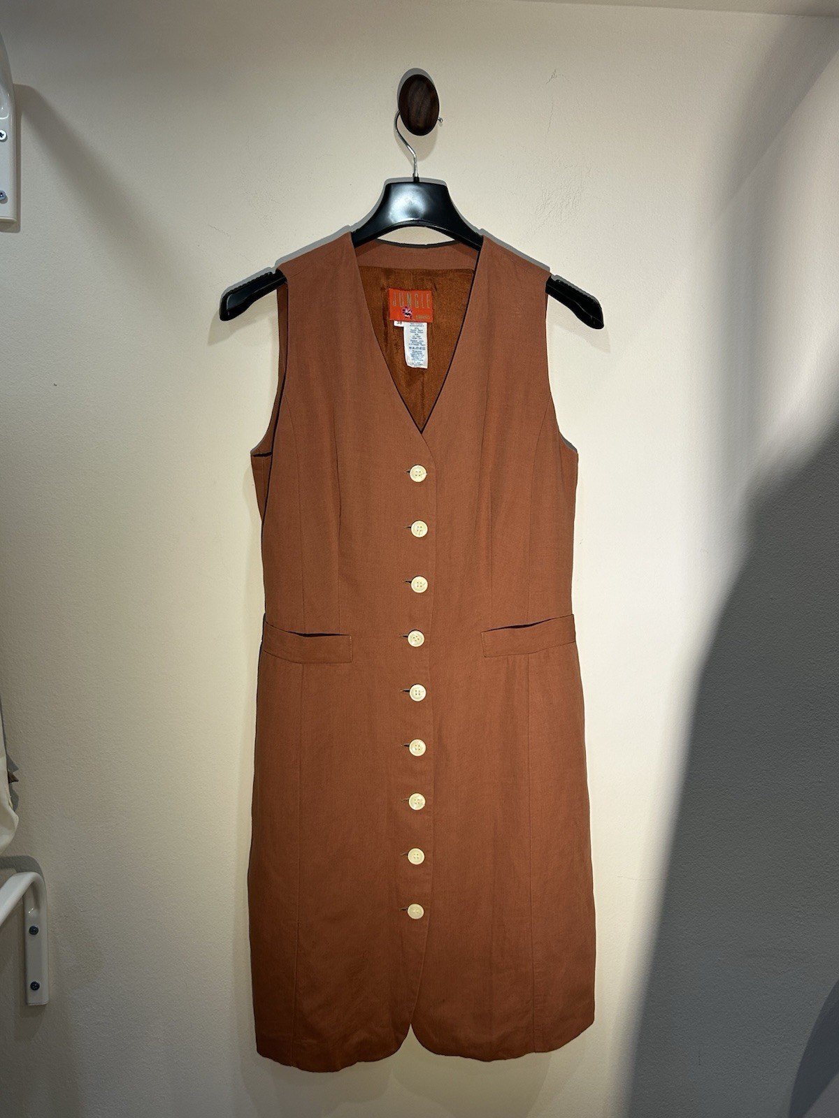 Vintage 90s Jungle by Kenzo Burnt Caramel Vest Mini Dress, Pearl Buttons, Rare