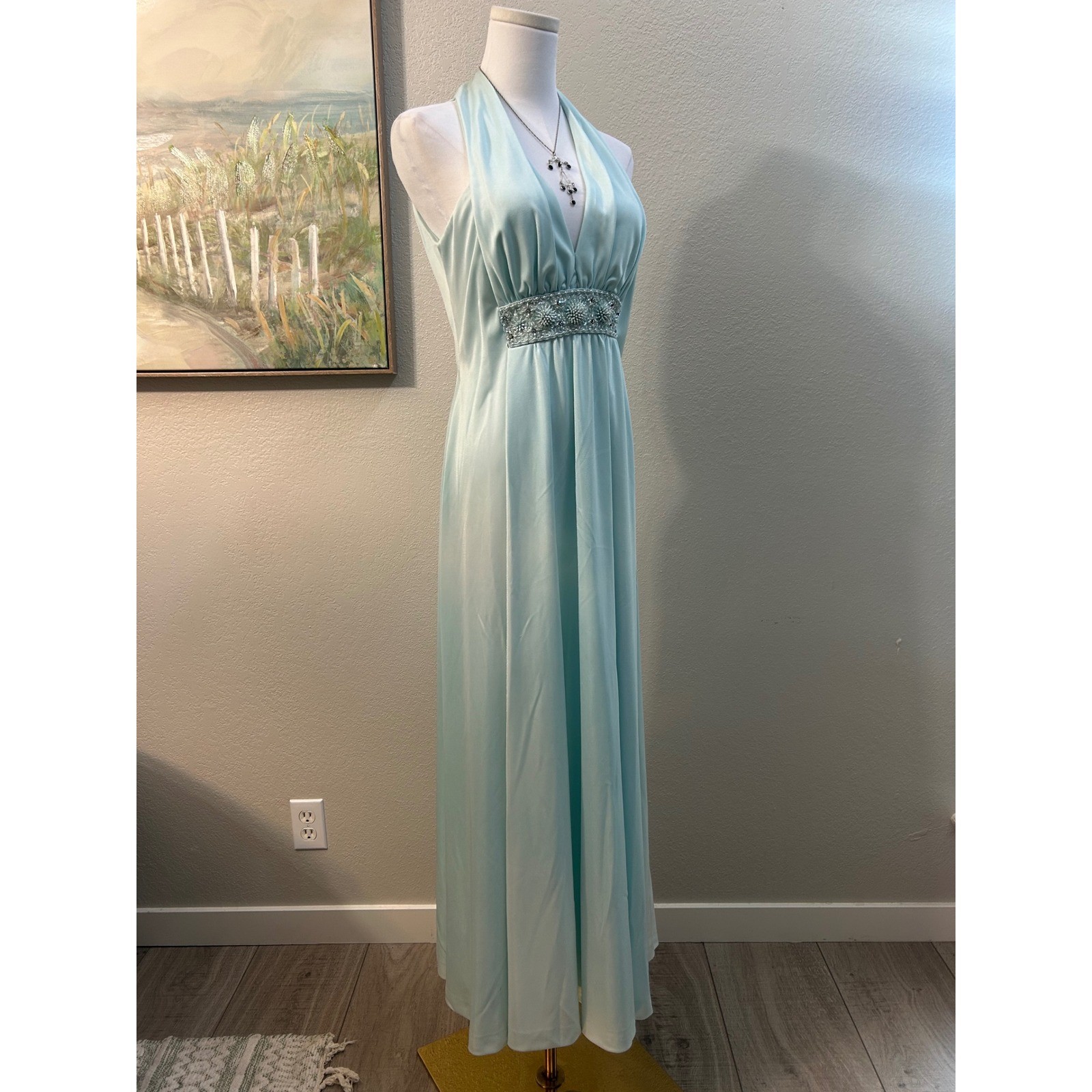 Vintage Aqua Blue Beaded Halter Neck Empire Waist Maxi Gown Cinderella Formal