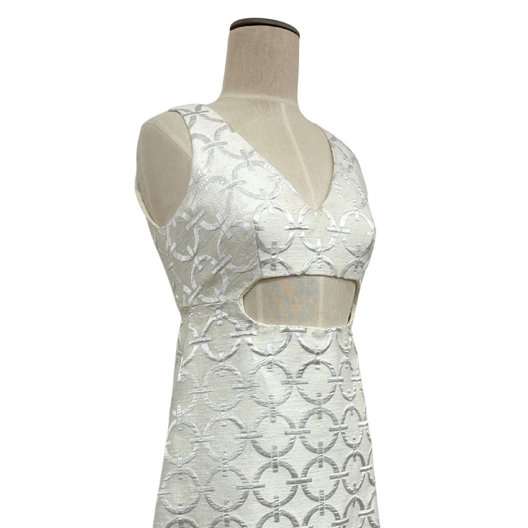 Vintage 1960s Peter Collins Mod White Metallic Brocade Cutout A Line Dress