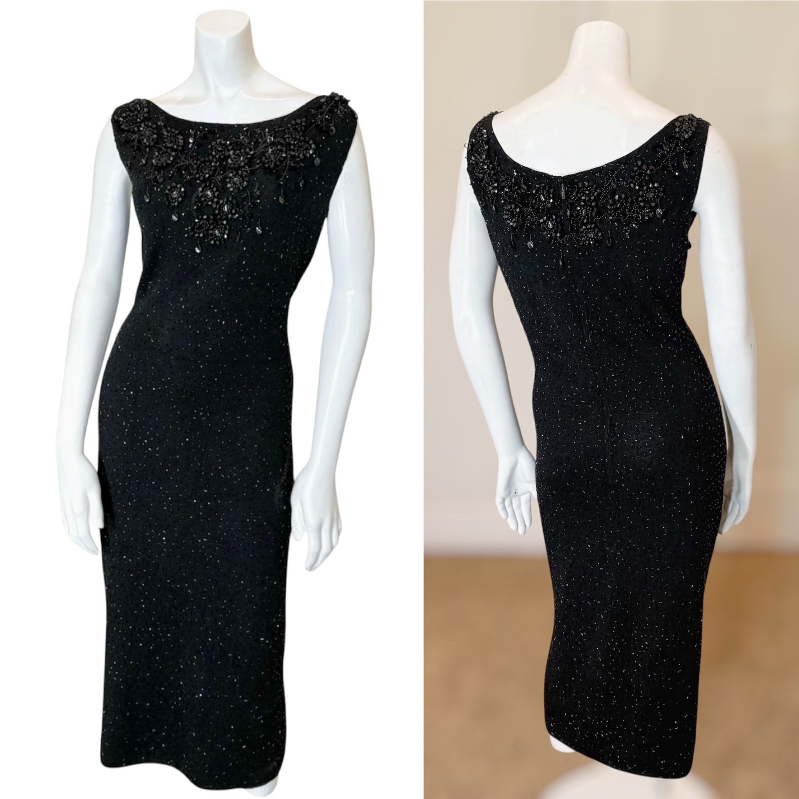 Vintage 60&rsquo;s HAND BEADED KNIT COCKTAIL DRESS M Evening Glam MCM Wiggle Party