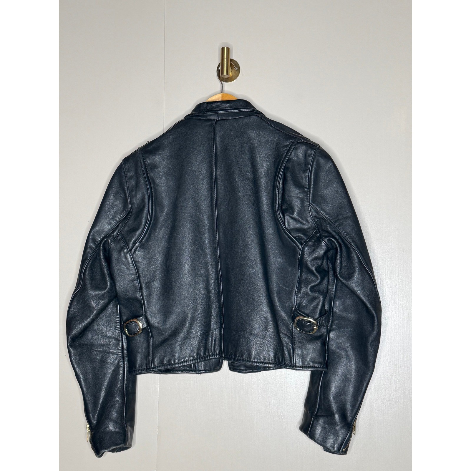 Schott-style heavyweight leather moto jacket single rider black vintage