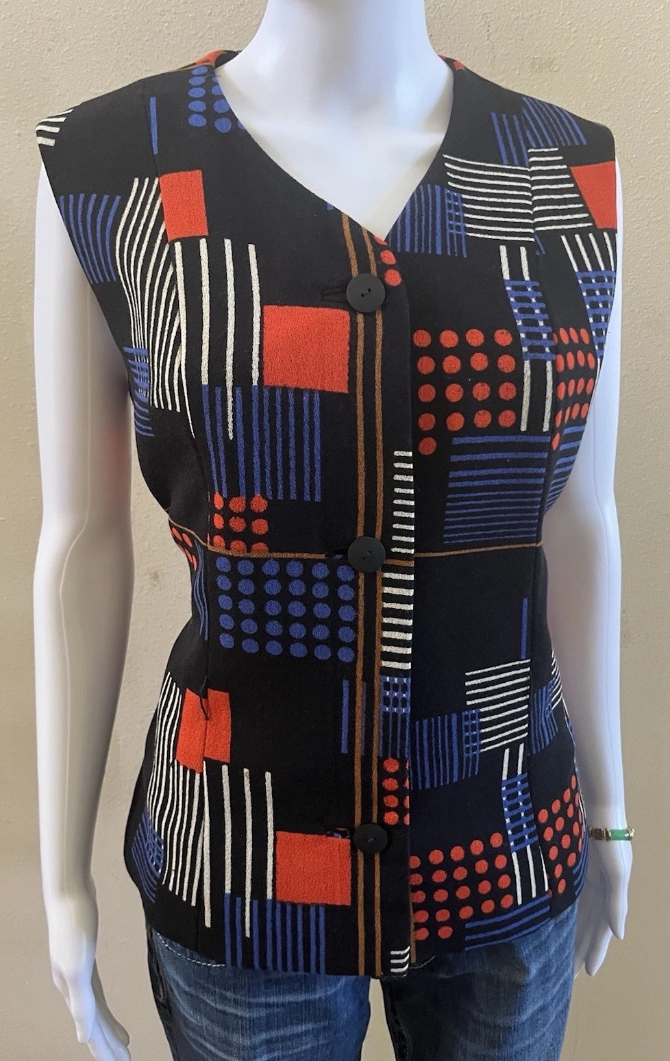 Amen Wardy El Paso Black & Multicolor Vest Top Size 8 Crepe USA RARE 60s Vintage