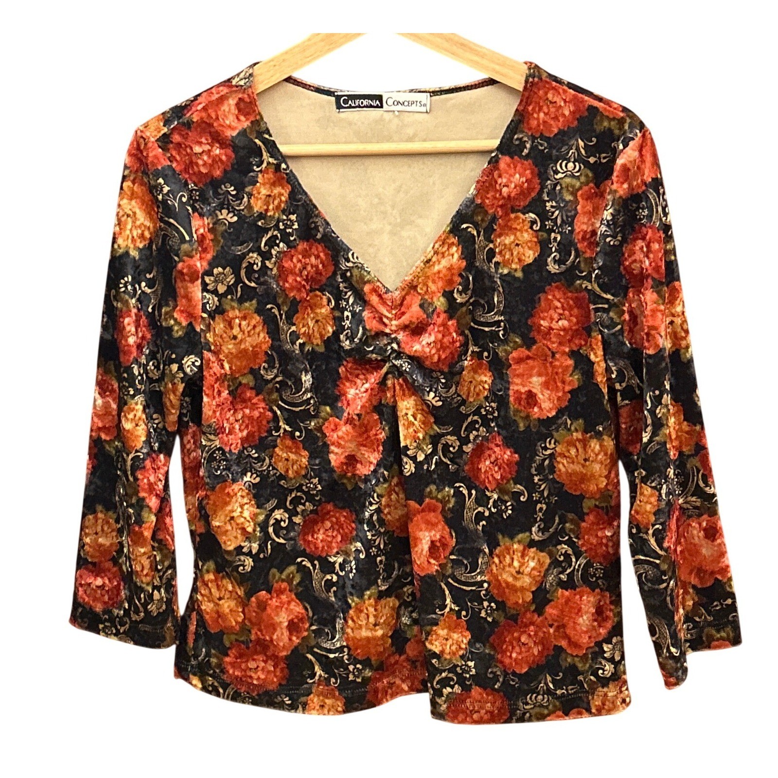 90s California Concepts Velvet Top Whimsigoth Grunge Dark Floral V-Neck Blouse