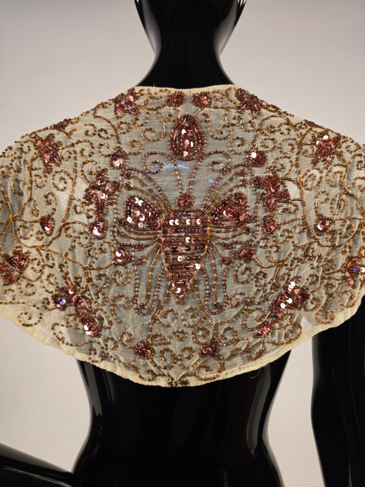 FLAPPER 1920’S GOLD BEAD + SEQUIN SILK CHIFFON CAPE FOR DRESS W BUTTERFLY