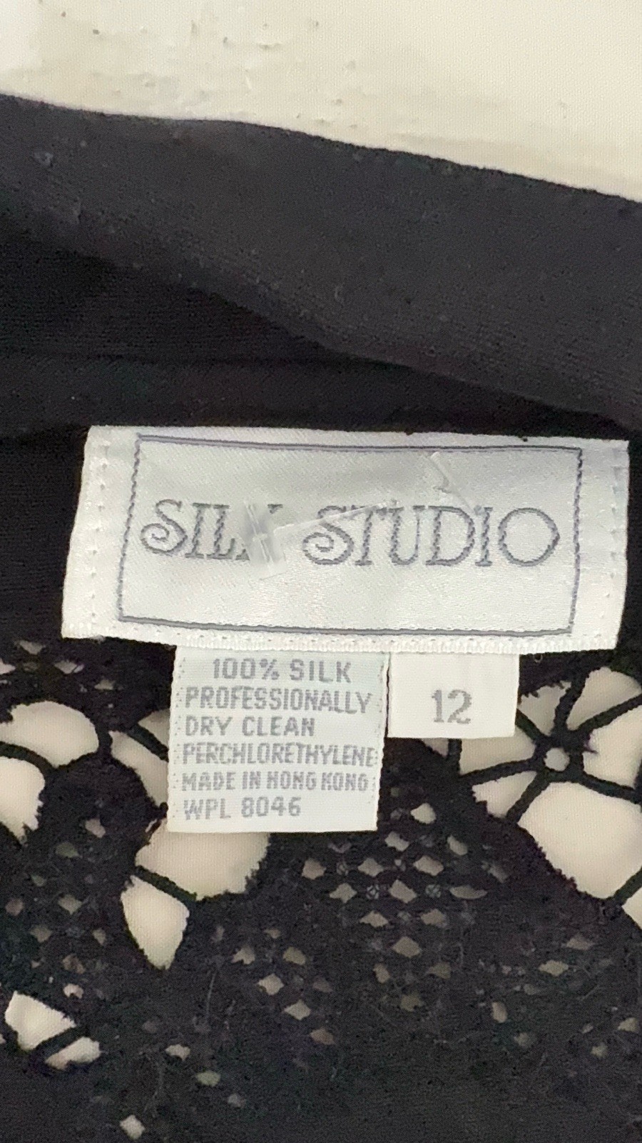 Vintage Silk Studio 100% Silk Black Button Front Midi Dress Lace Back Size 12