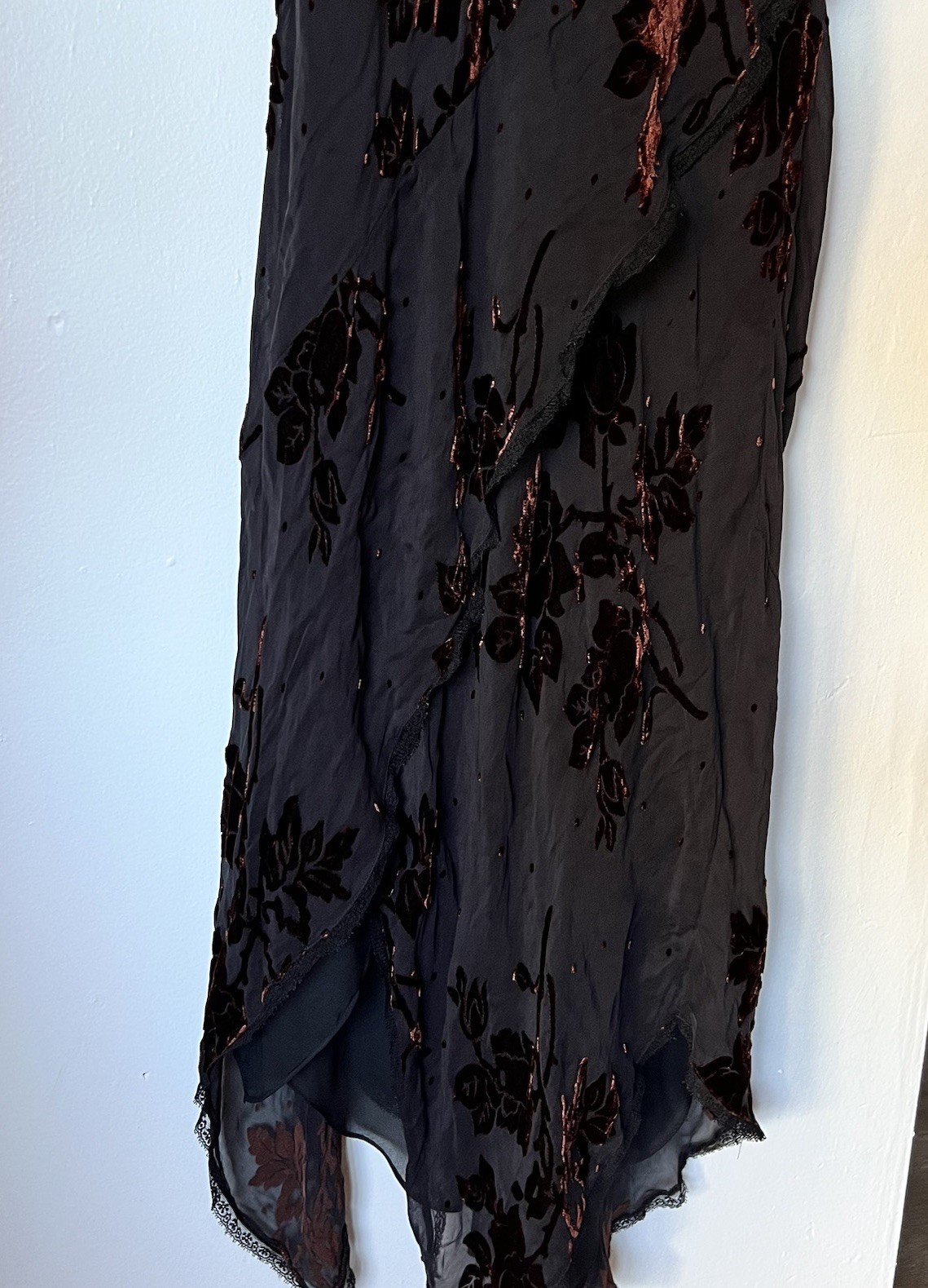 Cachet Vtg 90s Y2K Velvet Silk Black Midi Dress Sz 14 Whimsigoth Side Slit Fairy