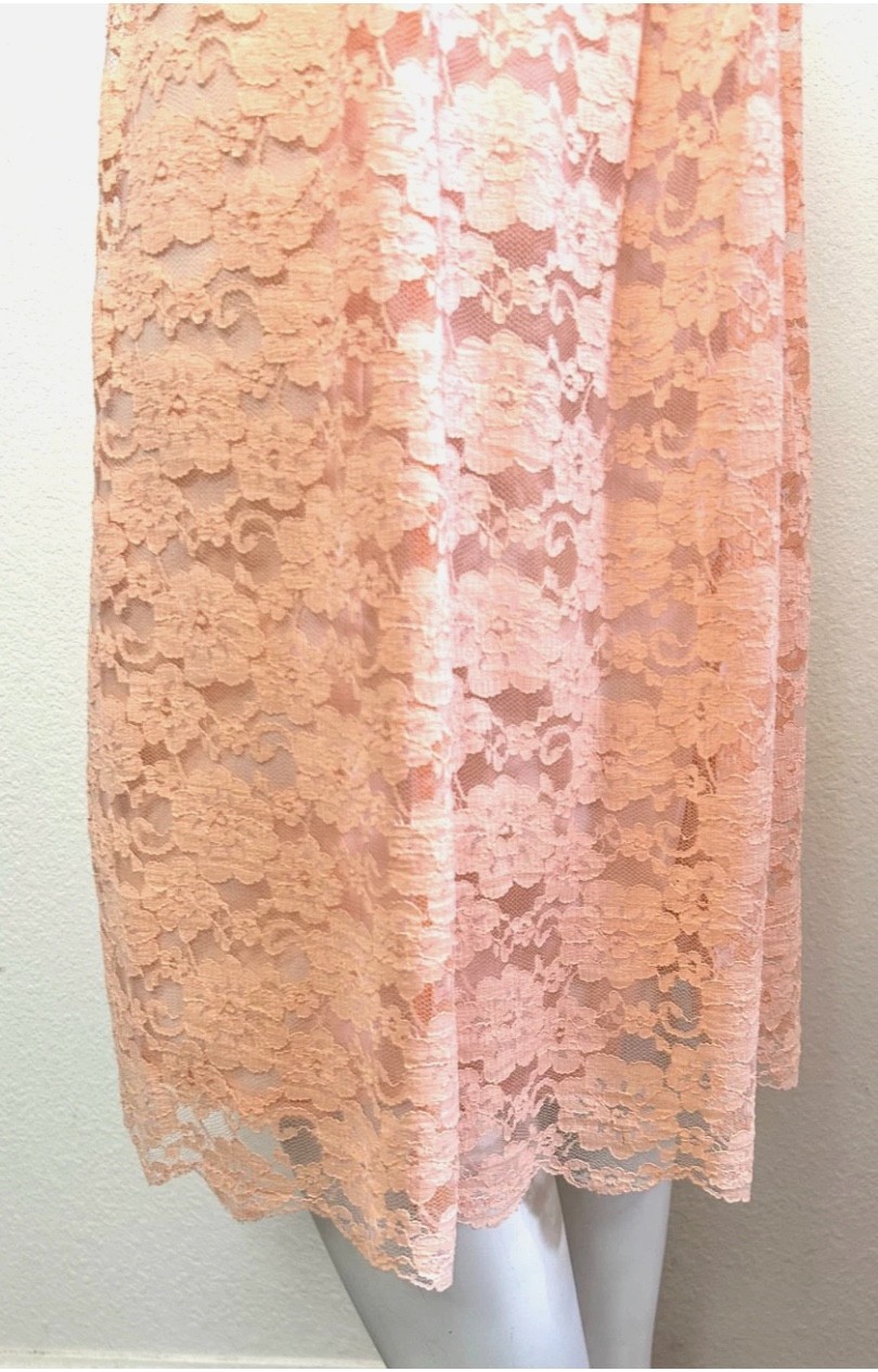 50s Lace Cocktail Dress Size XS Peach Open V-Back Long Sleeve Midi Vintage EUC