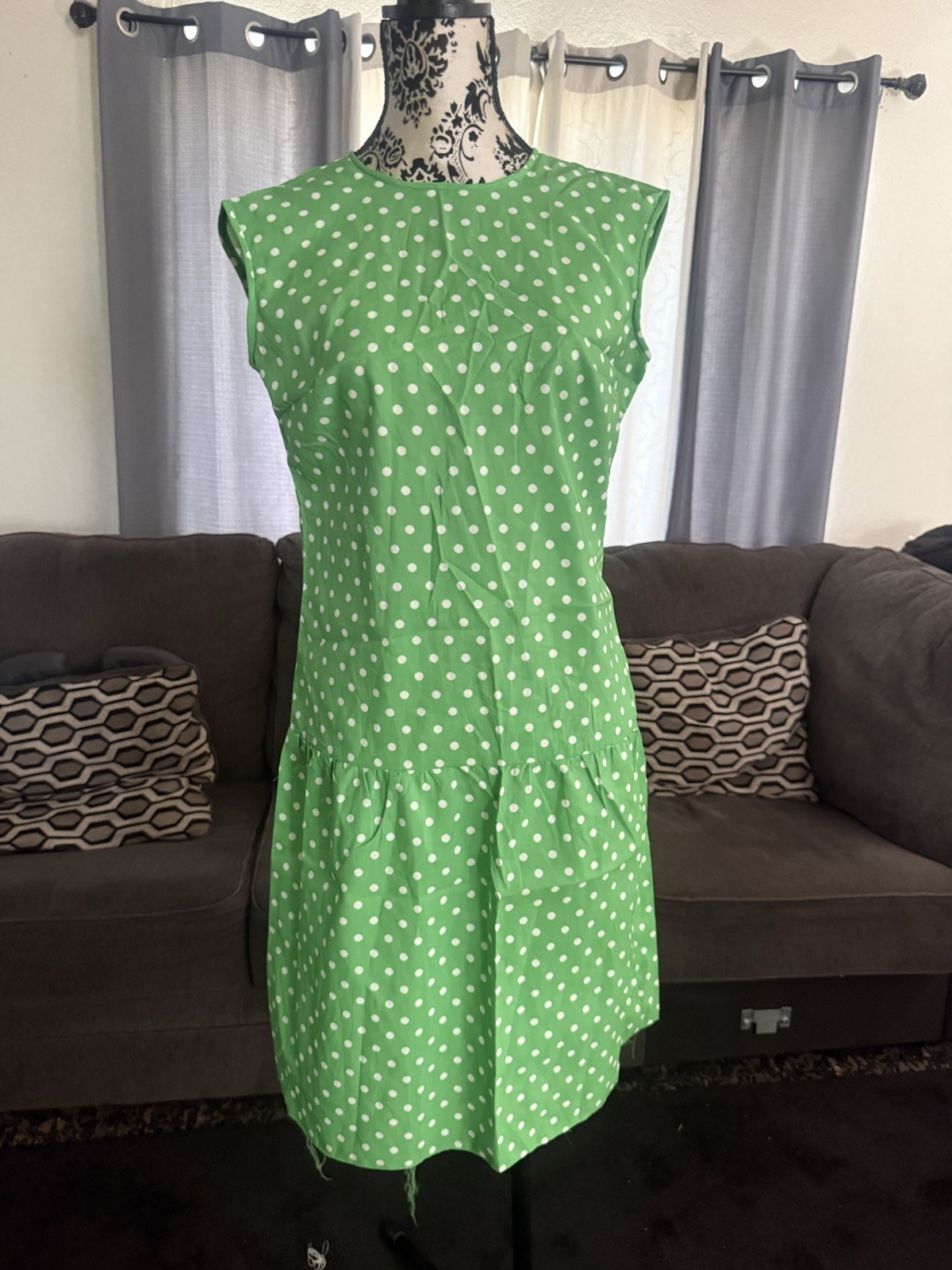 Vintage 1960s Fritzi of California Light Green Polka Dot Shift Dress