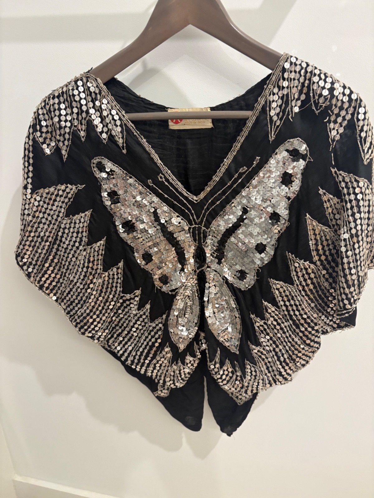 Vintage 1970s Disco 100% Silk Butterfly Blouse Lining Gold Sequins Sz Medium