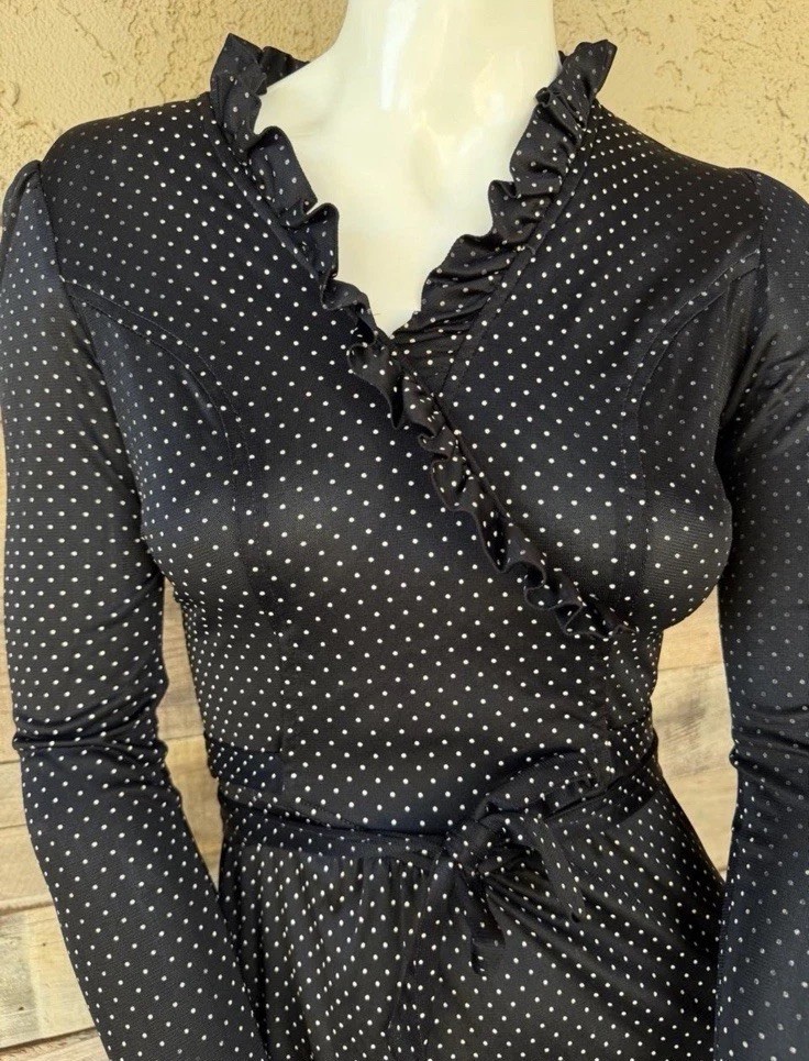 Vtg 70s ILGWU Union Made Black White Polka Dot Long Sleeve Maxi Dress Size 9
