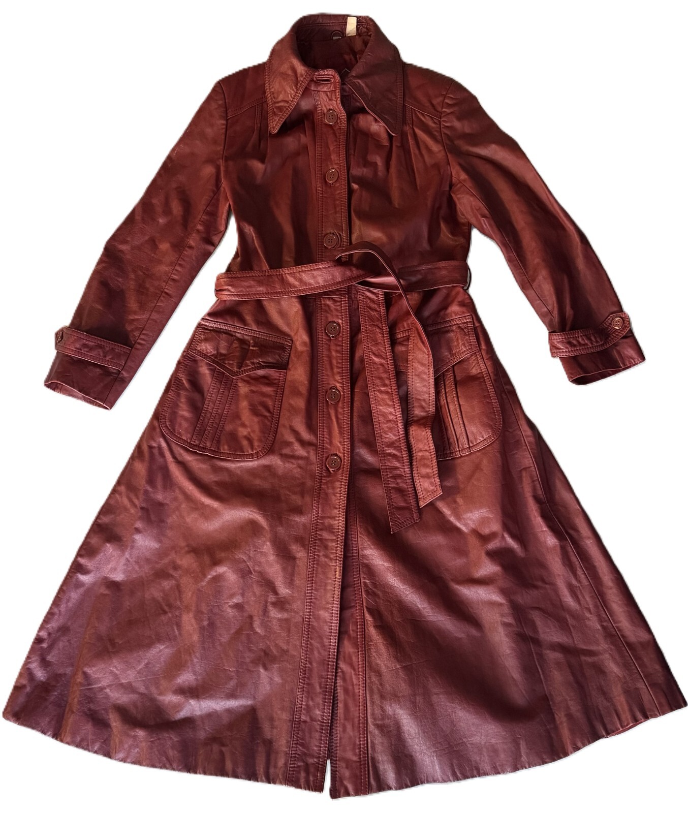 RARE VINTAGE 1970 Satin Lined 100% Genuine Leather LongJacket Trenchcoat Belted