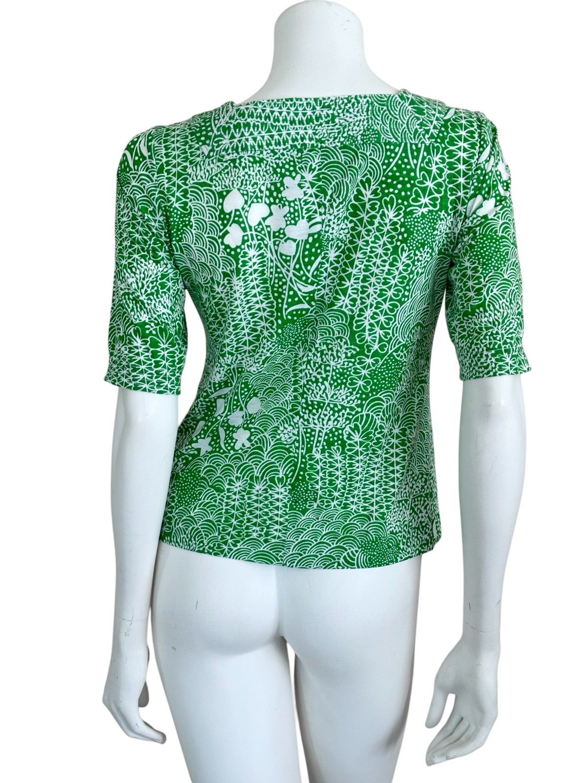 Vtg 70s Ditsy Geometric Floral Print Top Size S Square Neck Cotton Green White