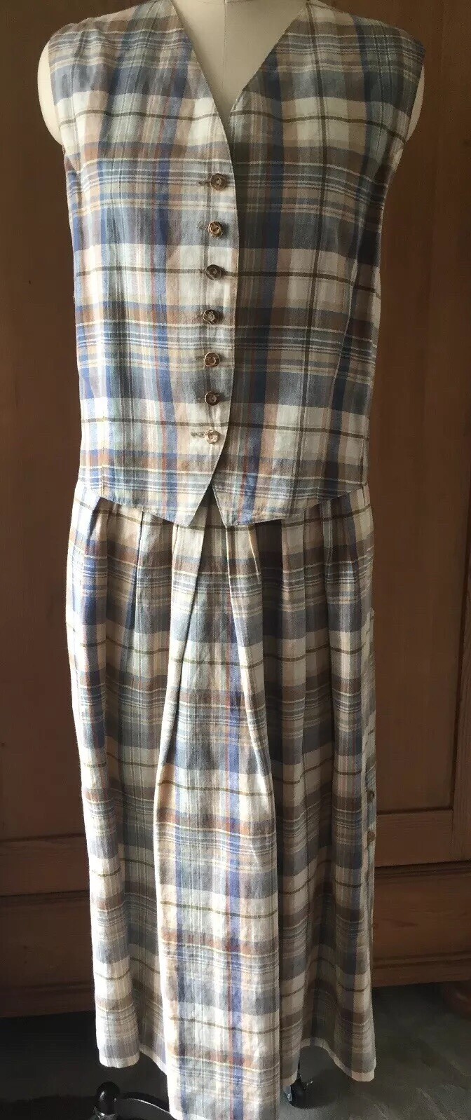Vintage BASSET Solid & Plaid Detailed 3pc Cotton/Linen Skirt-Jacket-Vest SZ 44/L