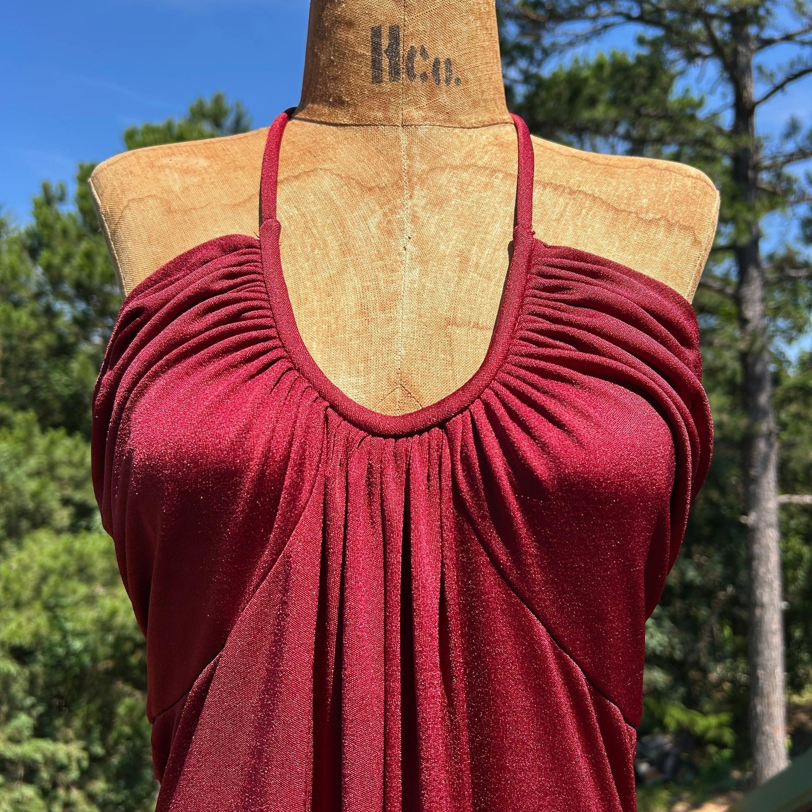 Vintage 70s Rusty Red Draped Gathered Grecian Empire Waist Flowy Maxi Dress S