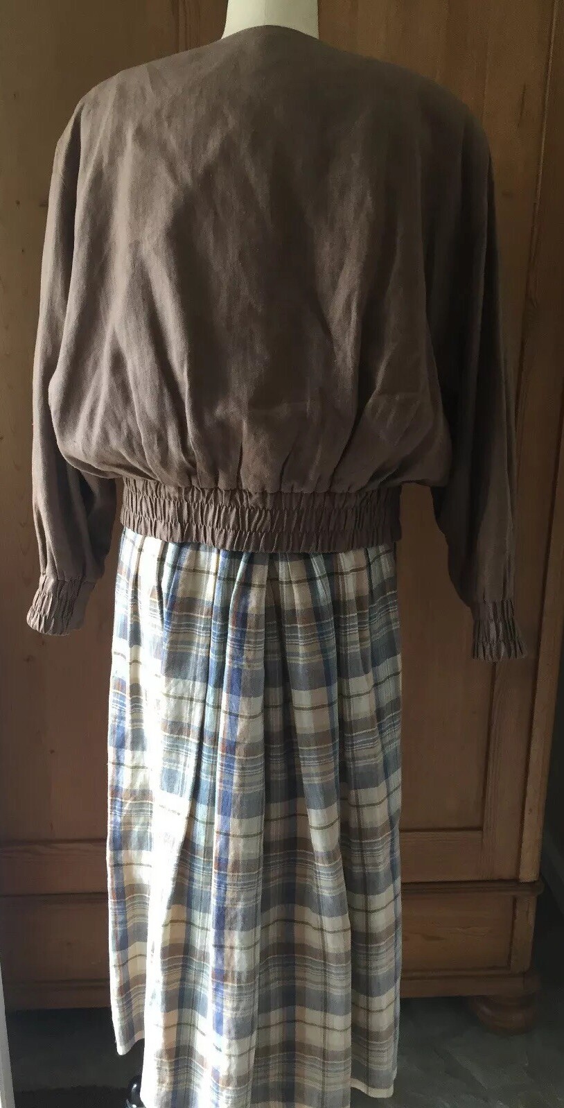 Vintage BASSET Solid & Plaid Detailed 3pc Cotton/Linen Skirt-Jacket-Vest SZ 44/L