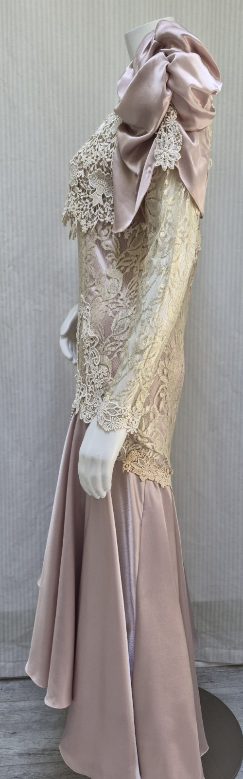 VTG 80s CACHET by Bari Protas Victorian Dusty Rose Satin & Lace Puff Slv Dress
