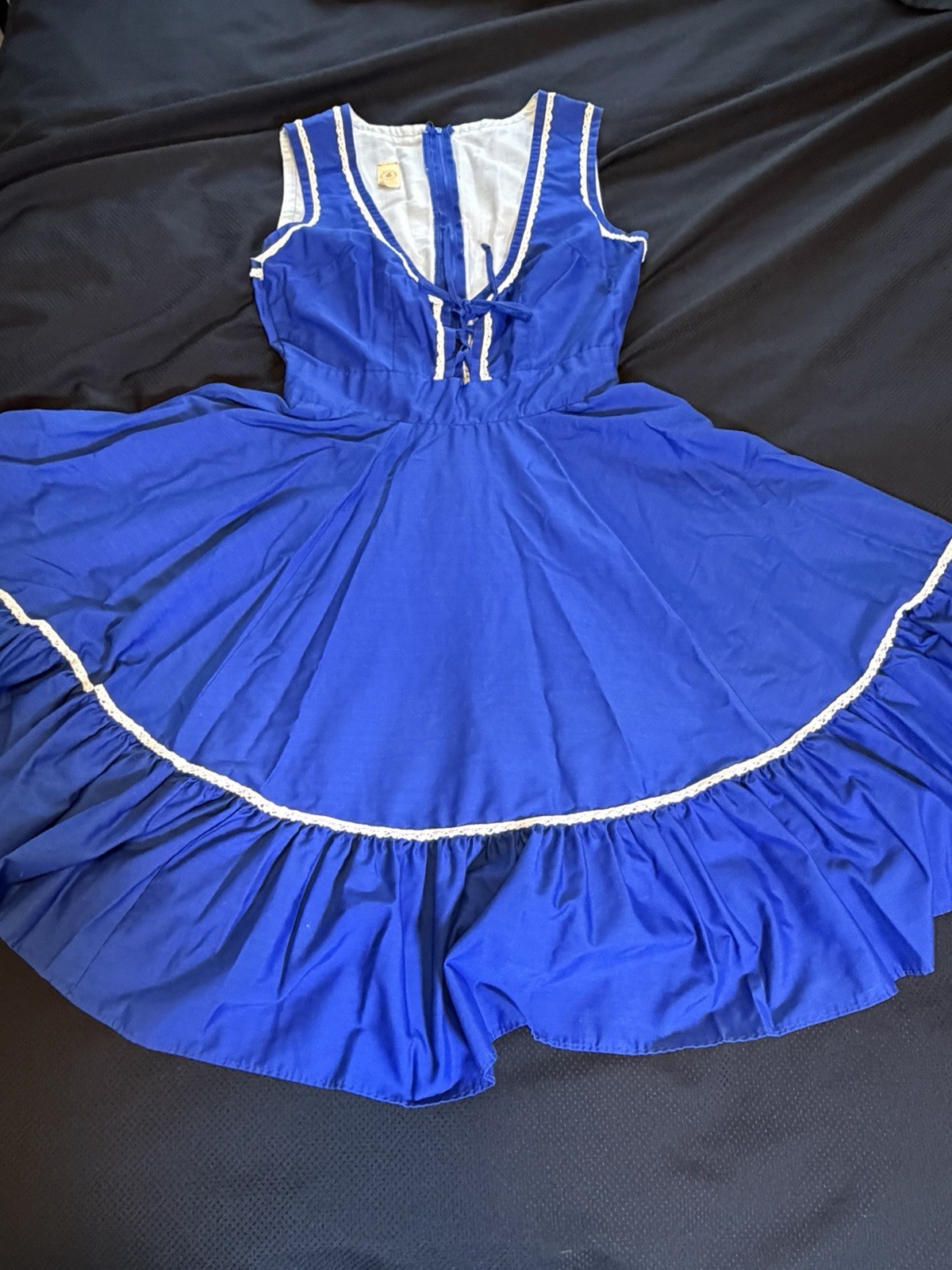 Vtg. 70&rsquo;s Partner Please Square Dancing Dress~14~Blue Lace up Bodice Rockabilly