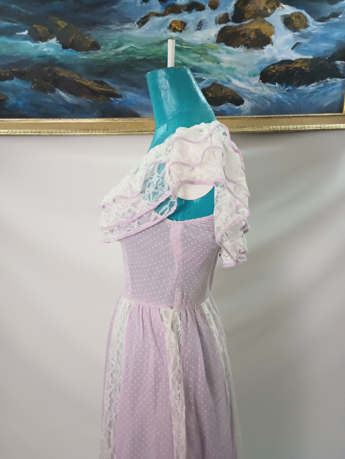 Soft Purple Lilac Cottagecore Polka Dot And Lace Vintage 1970s Dress Small XS