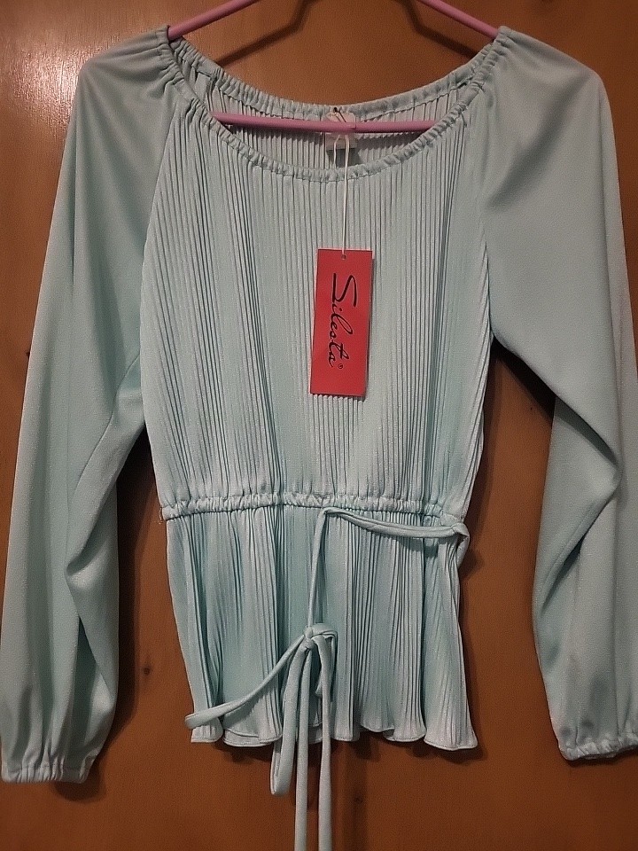 Cute Vintage Pleated Top Women&rsquo;s Sz 9/10. Long Sleeve. Light BlueGreen 60s-70s