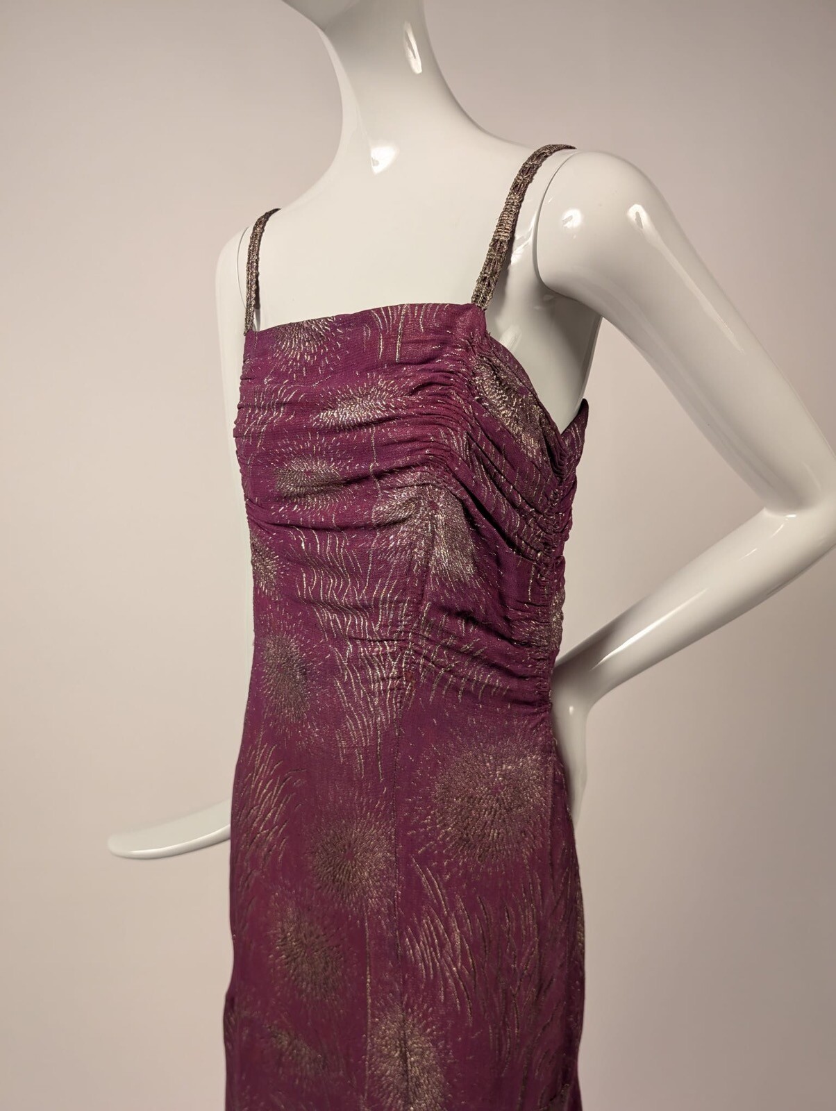 HOLLYWOOD GLAMOUR 1930’S METALLIC GOLD LAME BROCADE FUCHSIA LONG DRESS 
