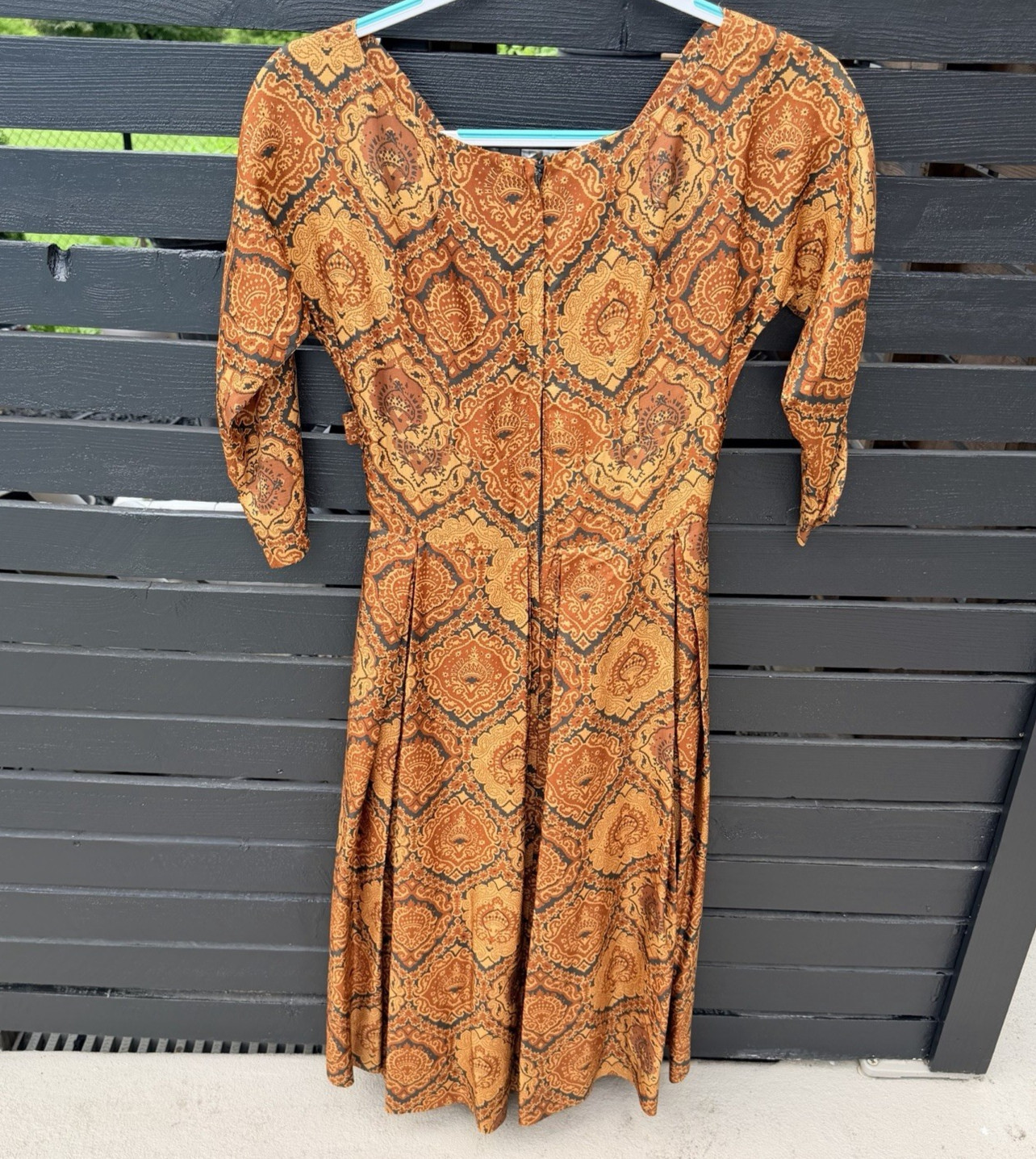 Vintage 50s 60s Fit & Flare Evening Dress Swing Skirt XS Copper Brown Paisley
