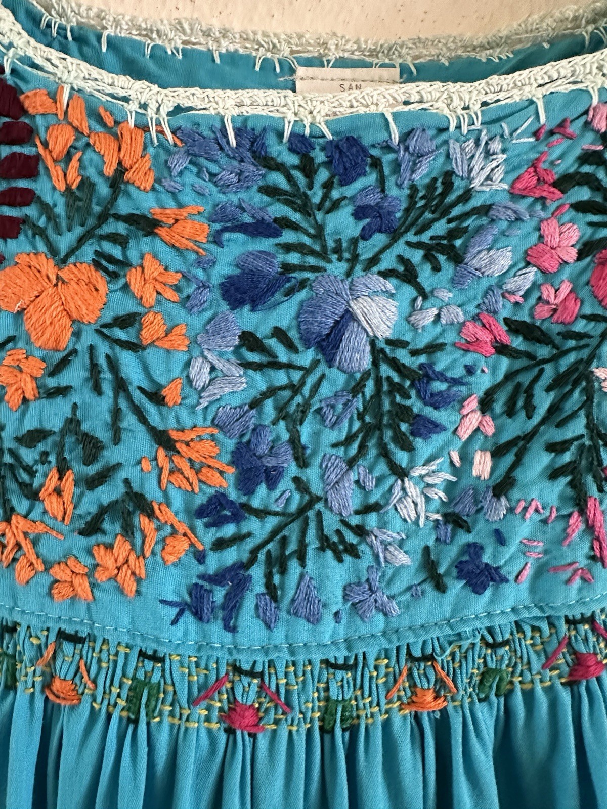 1970s San Antonino Oaxacan Huipil Dress Cotton Hand Embroidered Mexico S VTG