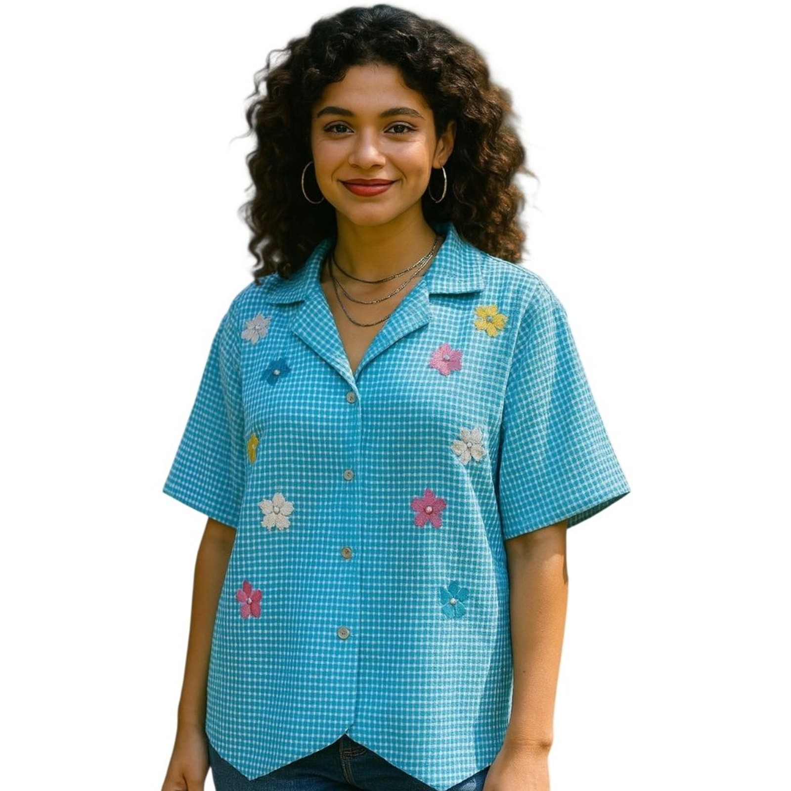 Vintage BonWorth Turquiose Floral Embroidered Gingham Shirt – Size Large