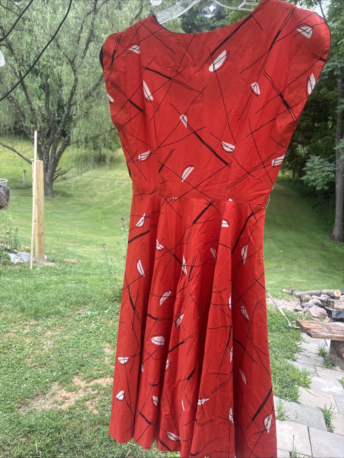Vintage 1950’s Orange With Black Lines & White Shapes Geometric Pattern Dress
