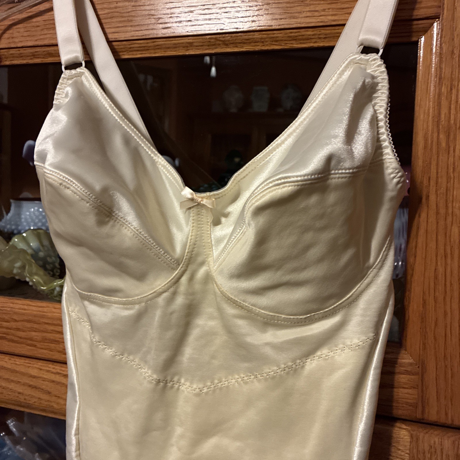 38DD Vintage Crownette Stretch Satin Open Bottom One Pc Bra Girdle Slip Shaper