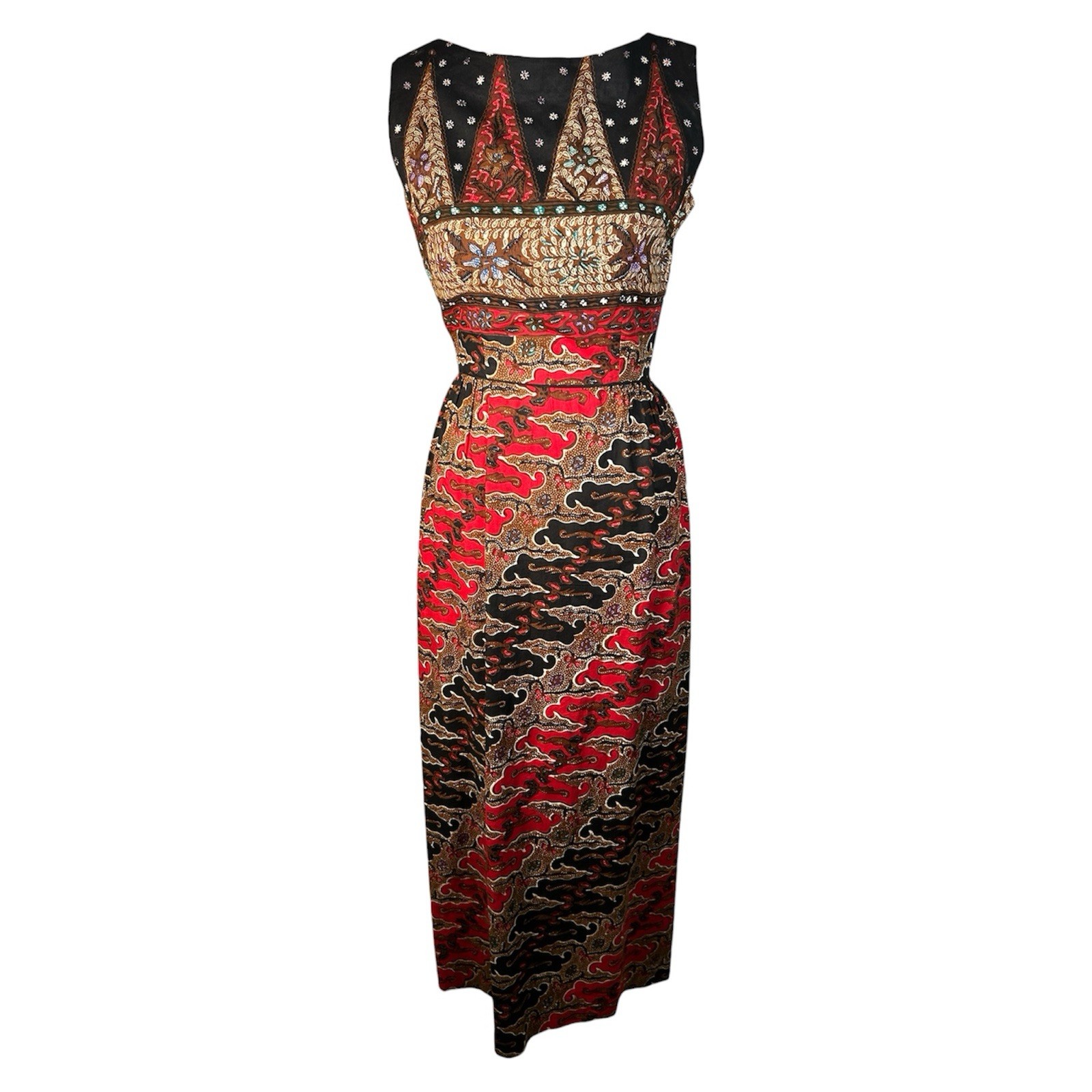 VTG 50s/60s Boutique Batik Border Print Bateau Neck Cotton Sheath Dress Sz S