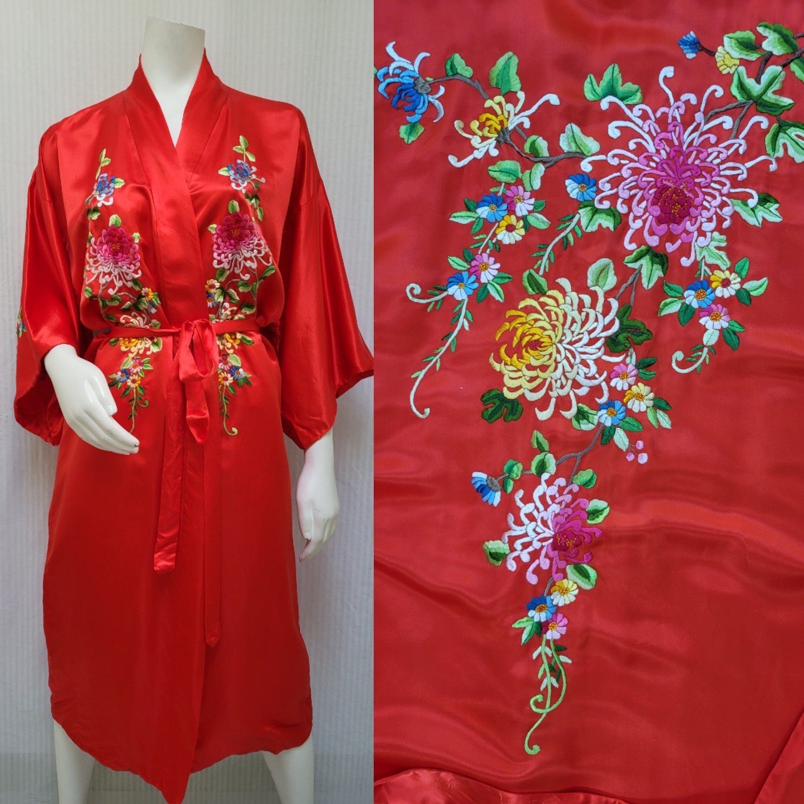 Vintage GOLDEN BEE Red Silk Embroidered Flower Chinese Robe Kimono w/ Belt – M/L