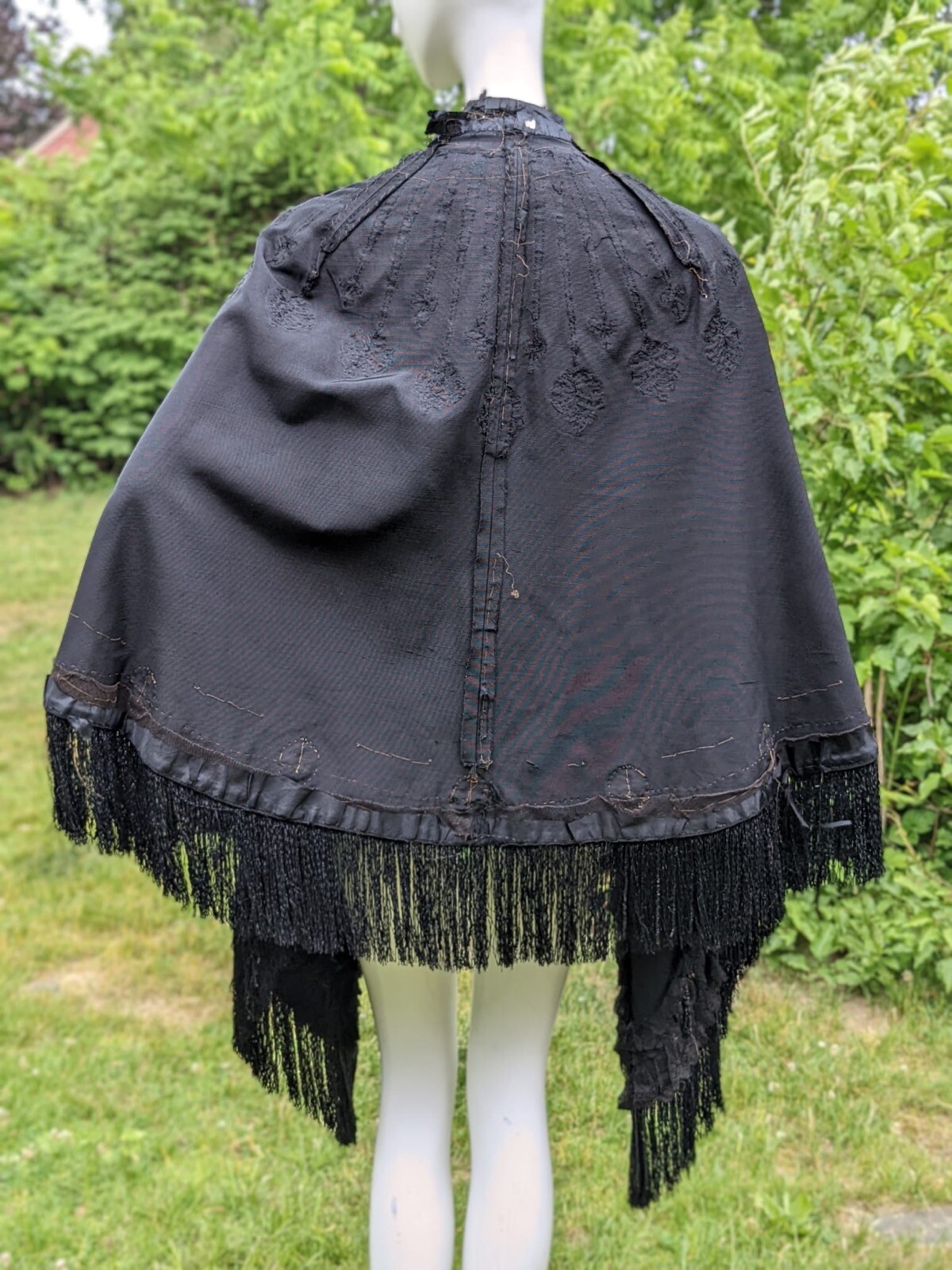 VICTORIAN 1870’S BLACK SILK FAILLE BUSTLE CAPE W BEADS SOUTACHE & LACE