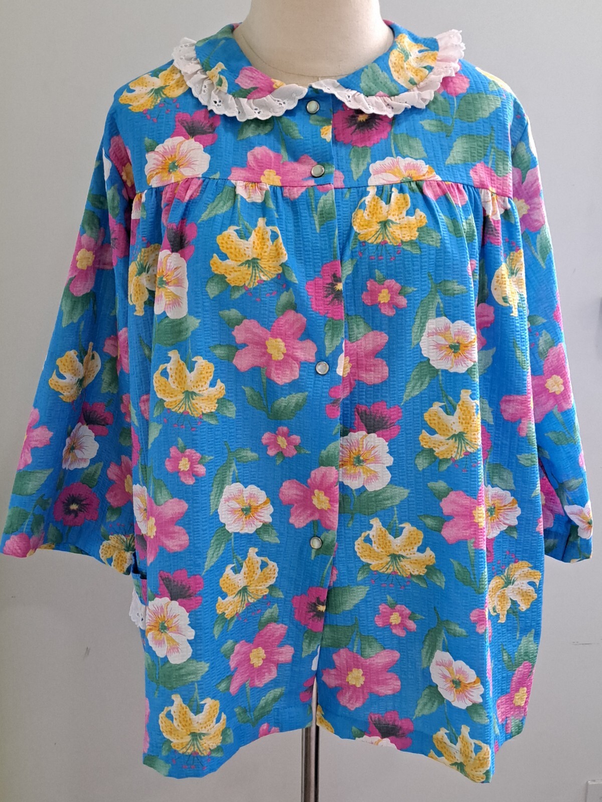 60s Pink Blue MOD Flower Top Snap Buttons Lace Peter Pan Collar USA L