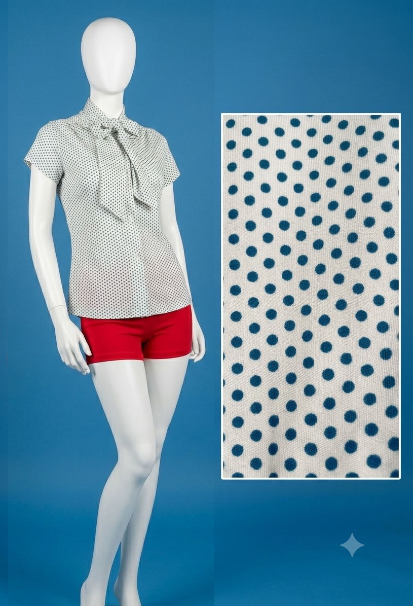 Vintage 1970&rsquo;s Blue Polka Dot Blouse With Collar Tie Size S