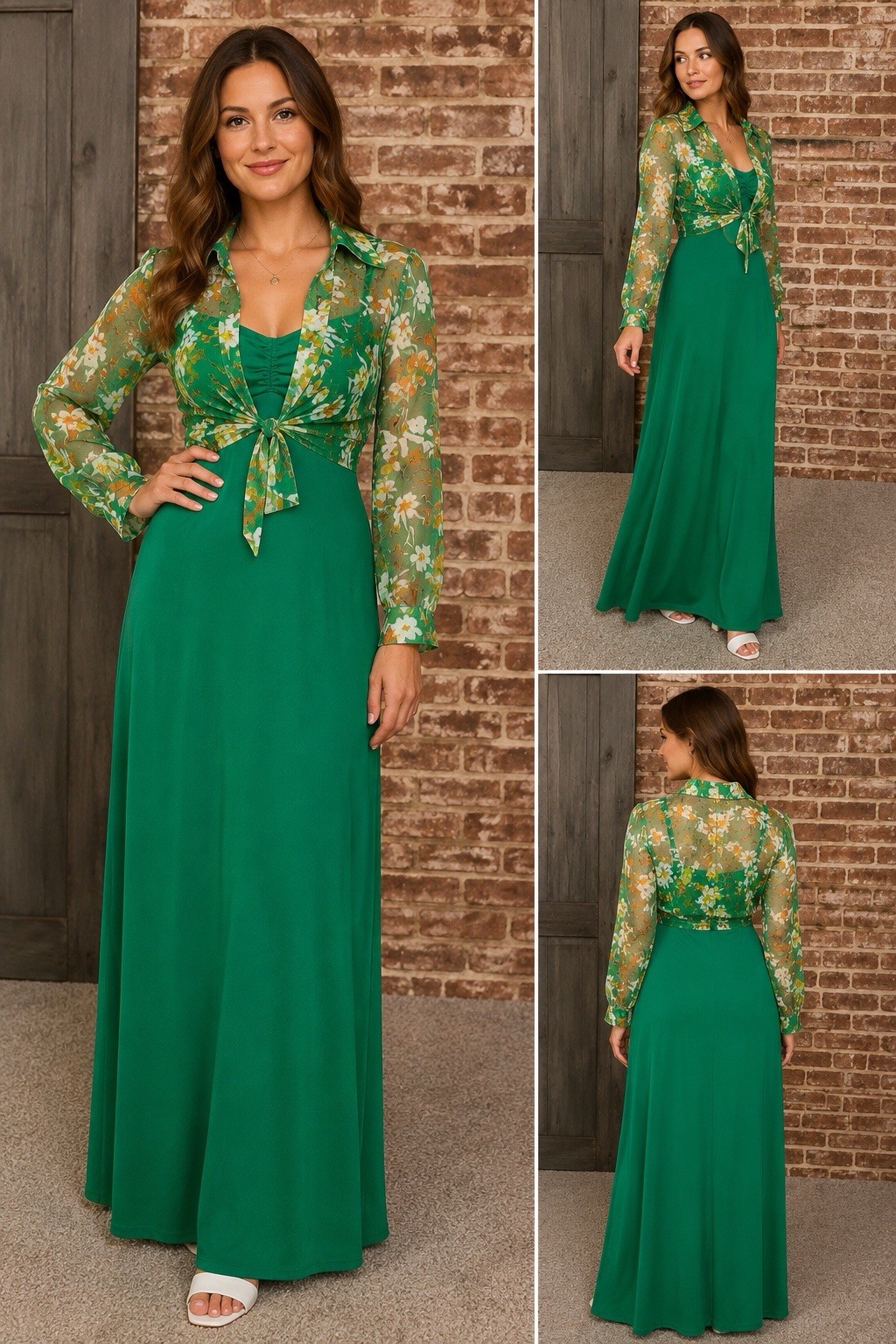 Vintage 1970s Emerald Green Hostess Maxi Gown Floral Sheer Bolero Jacket EUC