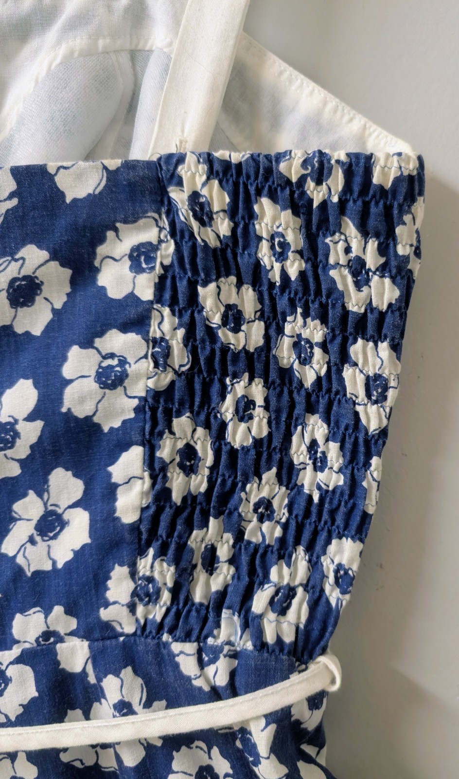 Vintage Sea Waves Floral Blue White Playsuit Romper Smocked Soft Bra S/M