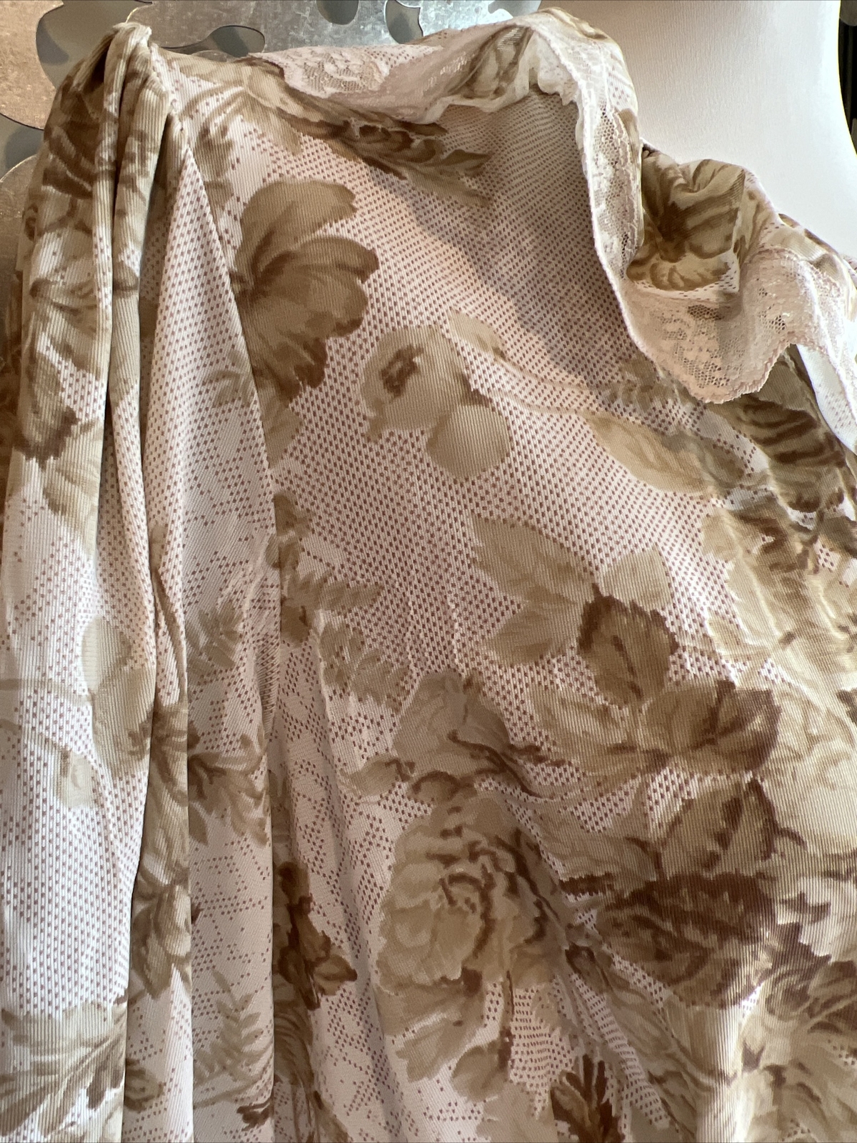 Sears Robe LARGE 38/40 Brown Lace Long Sleeve Buttons MAXI Buttons Nylon USA VTG