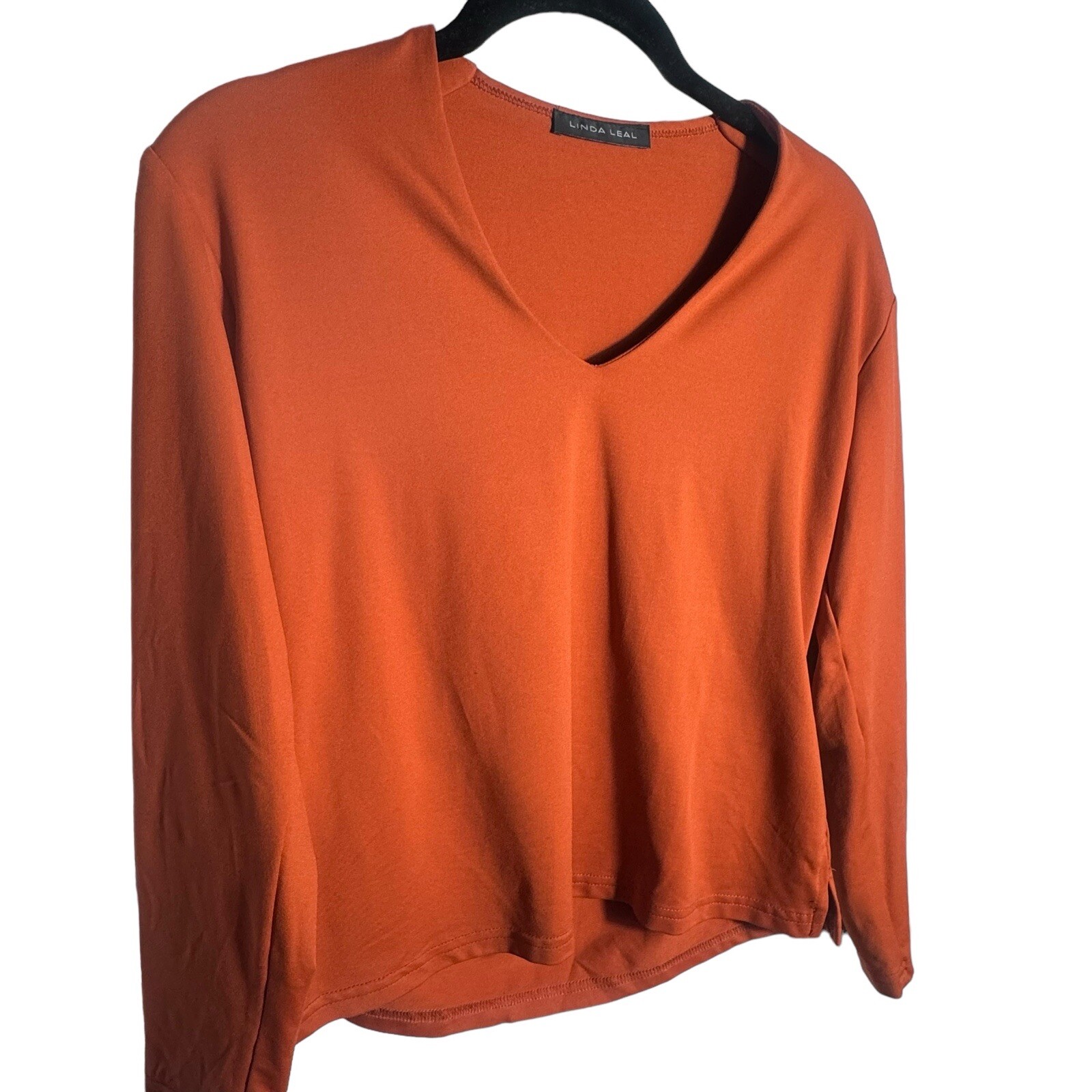 VTG Y2K LINDA LEAL ORANGE Stretch V Neck Shirt 3/4 Sleeve Stretch made In 🇺🇸 M