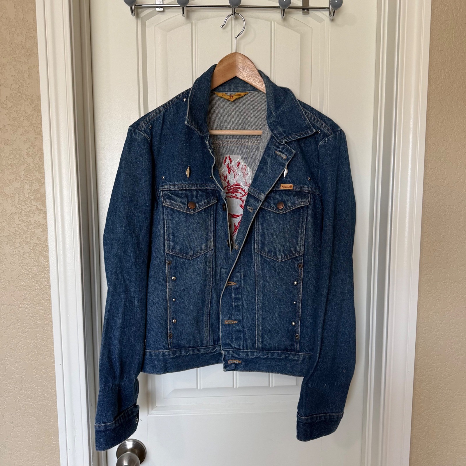 Rustler Denim Jacket Women Medium Blue Exc. Studded Embroidered Flaming Rose