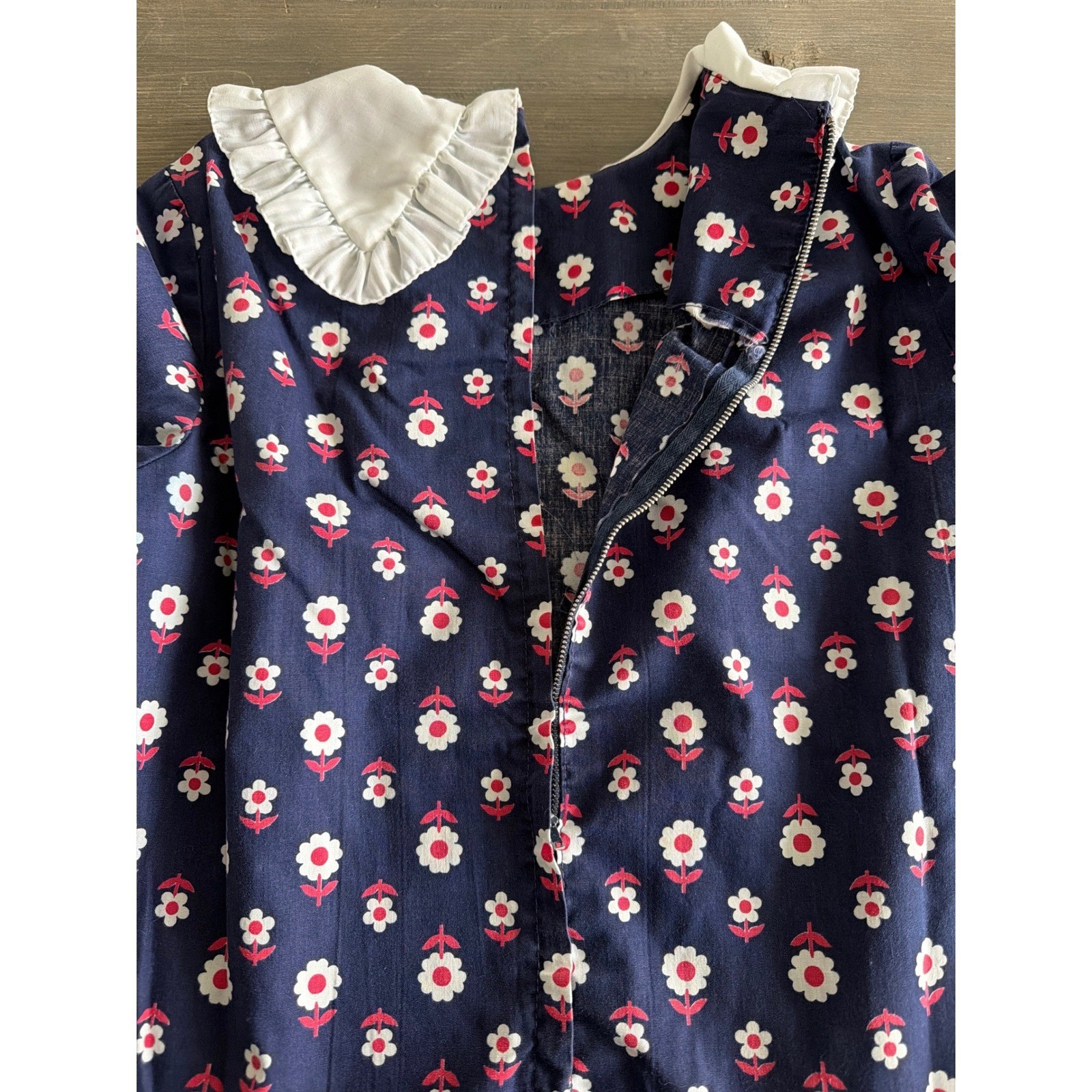 Vtg Sears Jr Bazaar Navy Floral Ruffled Peter Pan Collar Dress Women&rsquo;s Size 11