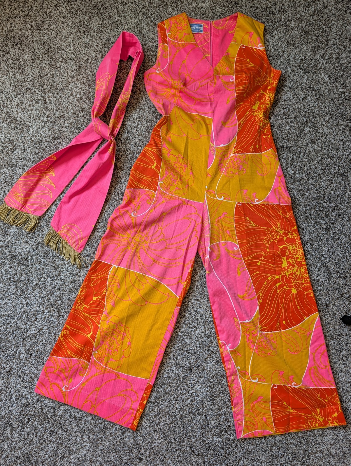 Vtg Psychedelic Floral Waltah Clarks Hawaiian Belted PantSuit jumpsuit M Dress