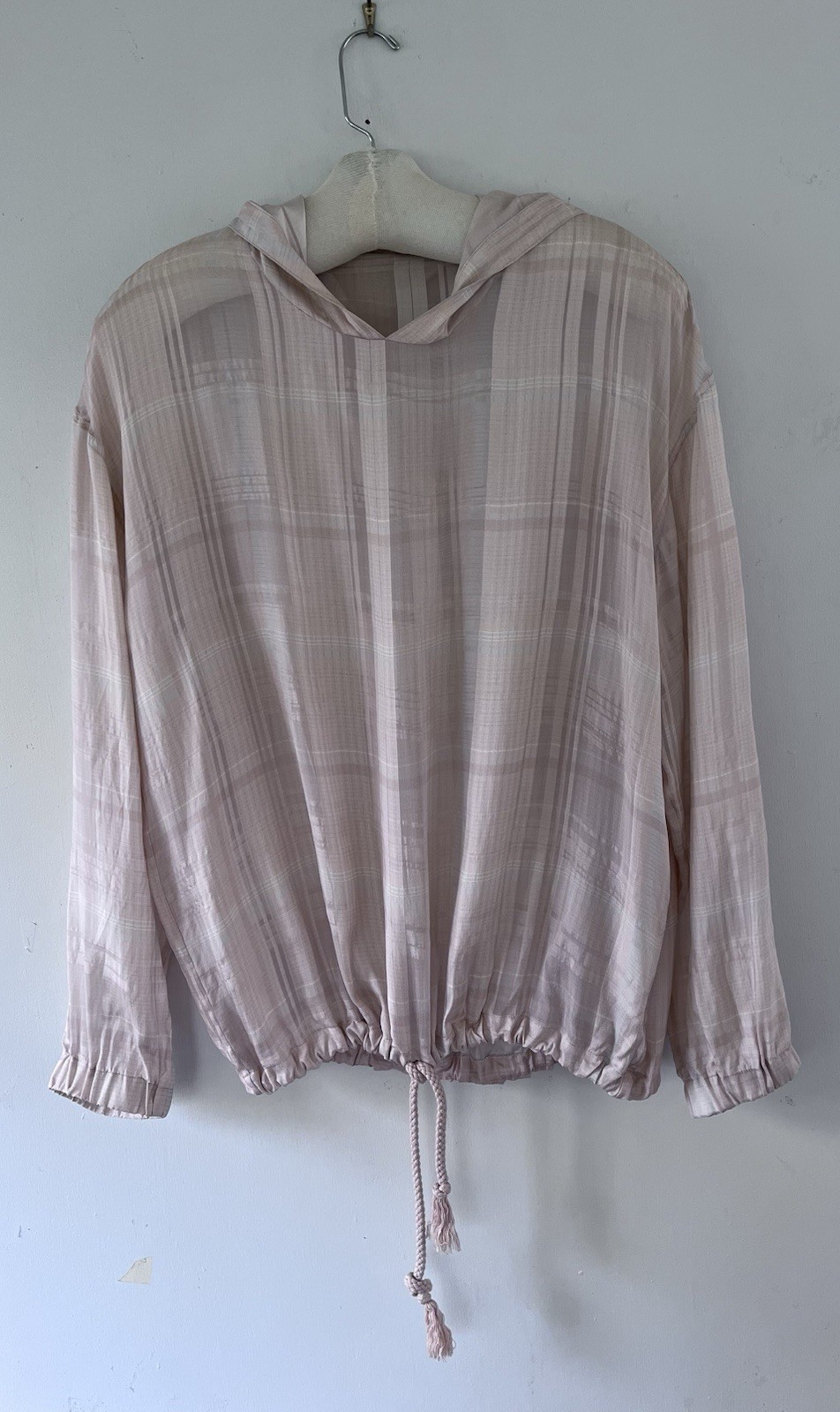 Stella McCartney Palest Pink Blue Plaid Silk Semi Sheer Drawstring Hoodie Sz 46
