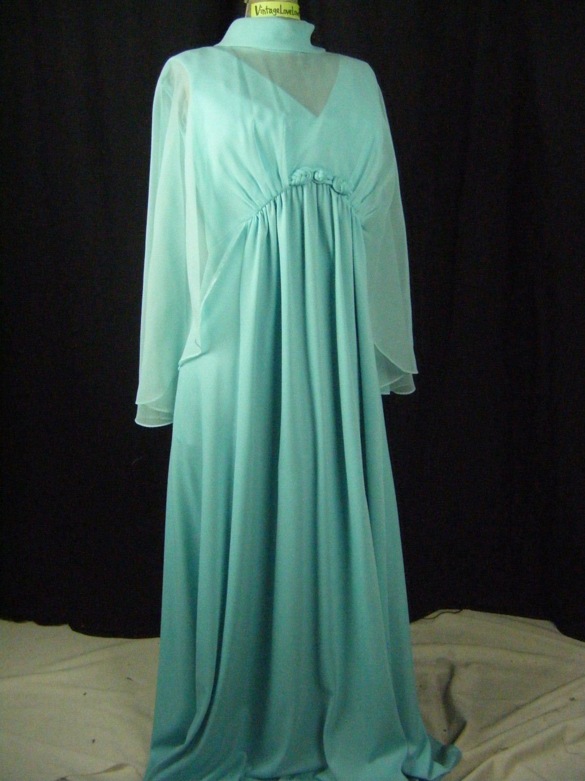 Vtg 60-70s Aqua Blue Sheer Cape Mod Knit Dress-Bust 37/XS-S