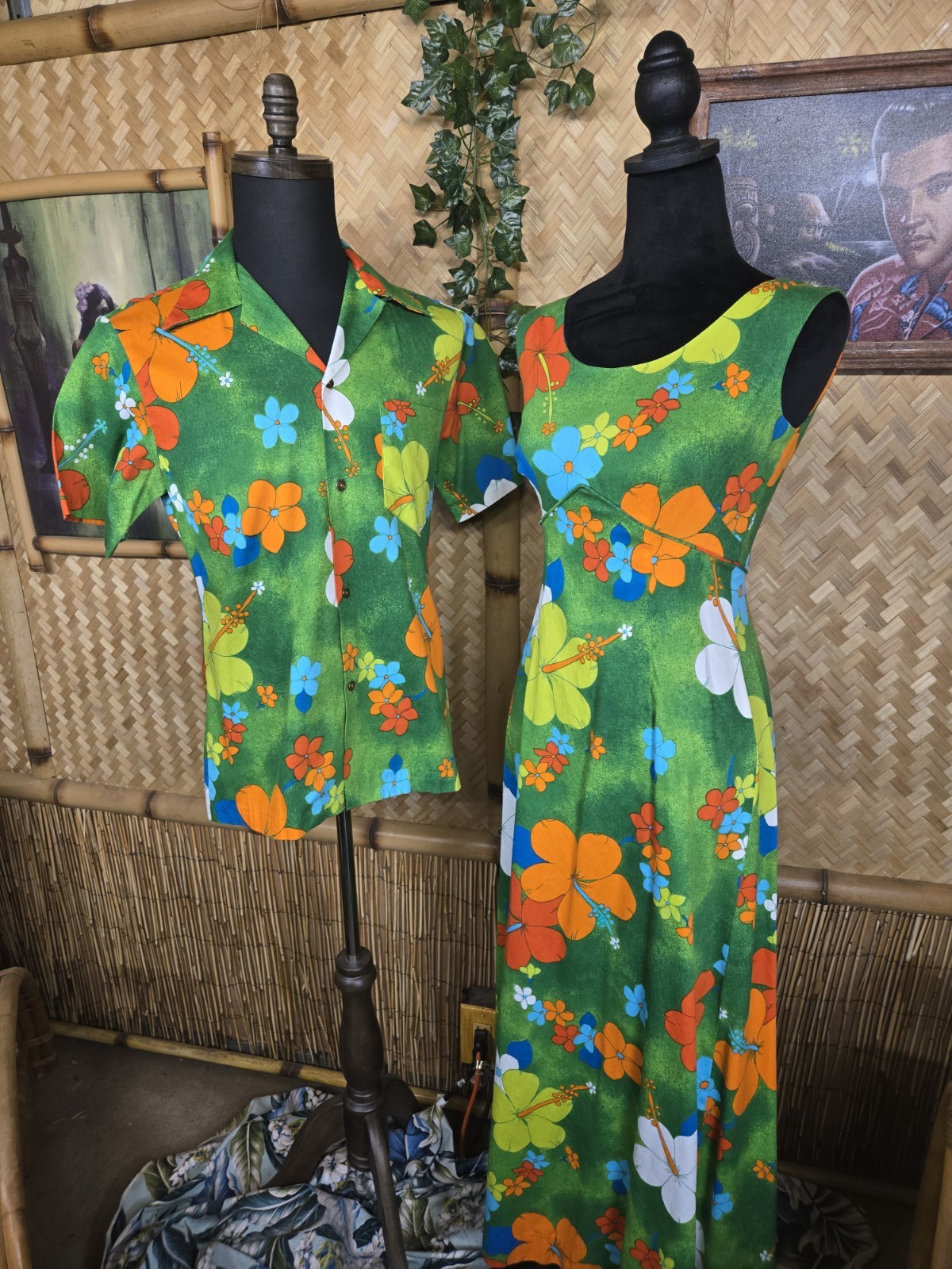 Vintage Royal Hawaiian Barkcloth Honeymoon Aloha Dress & Shirt Set w1268