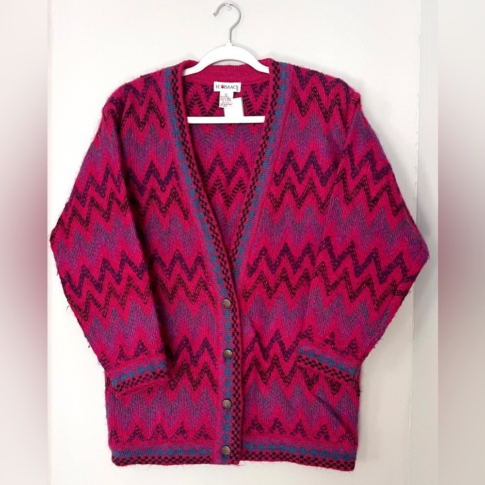 Vintage 80s Wool Blend Buttonup Chevron Stripe Oversized Cardigan Sweater small
